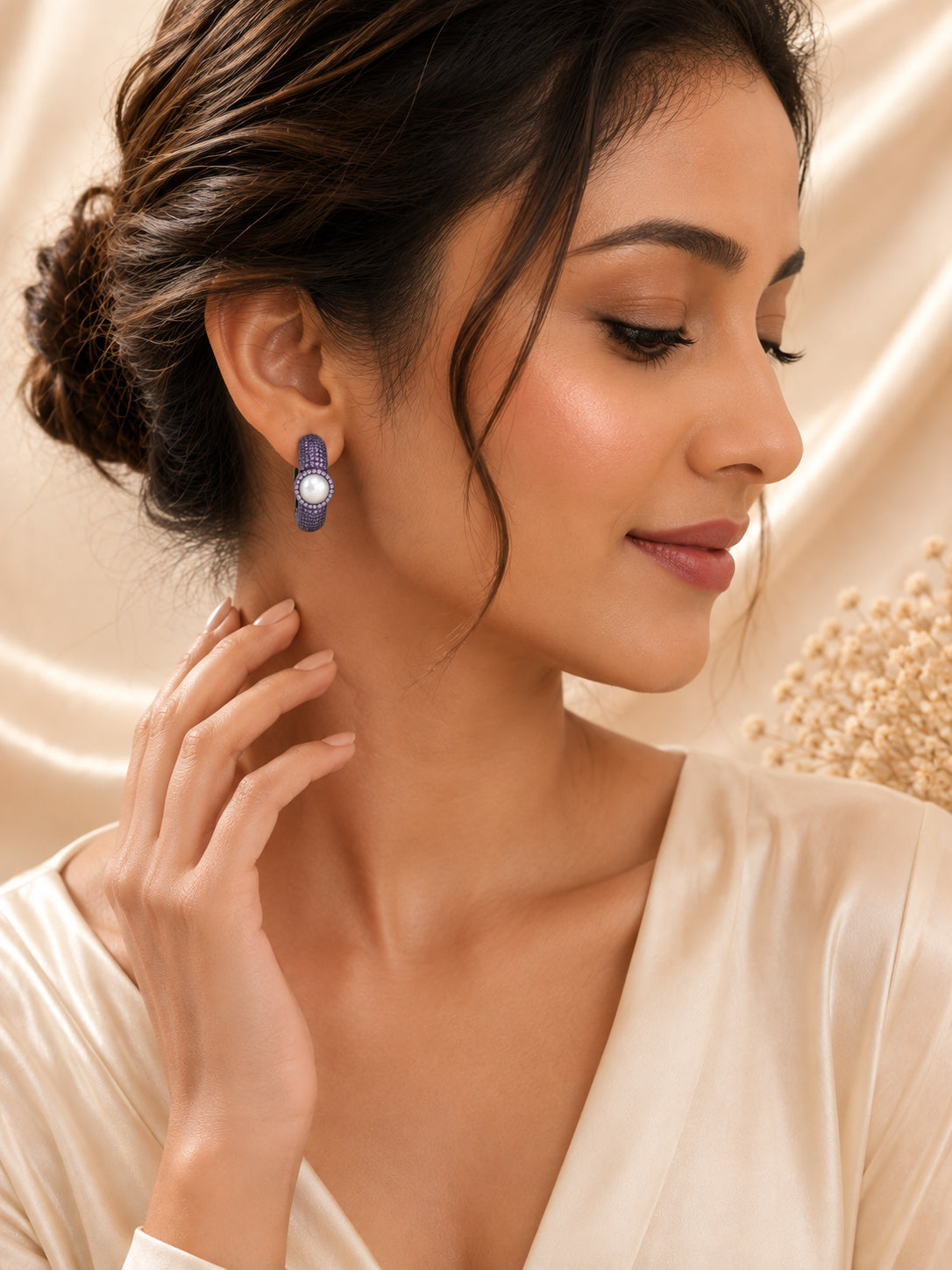 Aanura Purple Pavé Pearl Hoop Earrings
