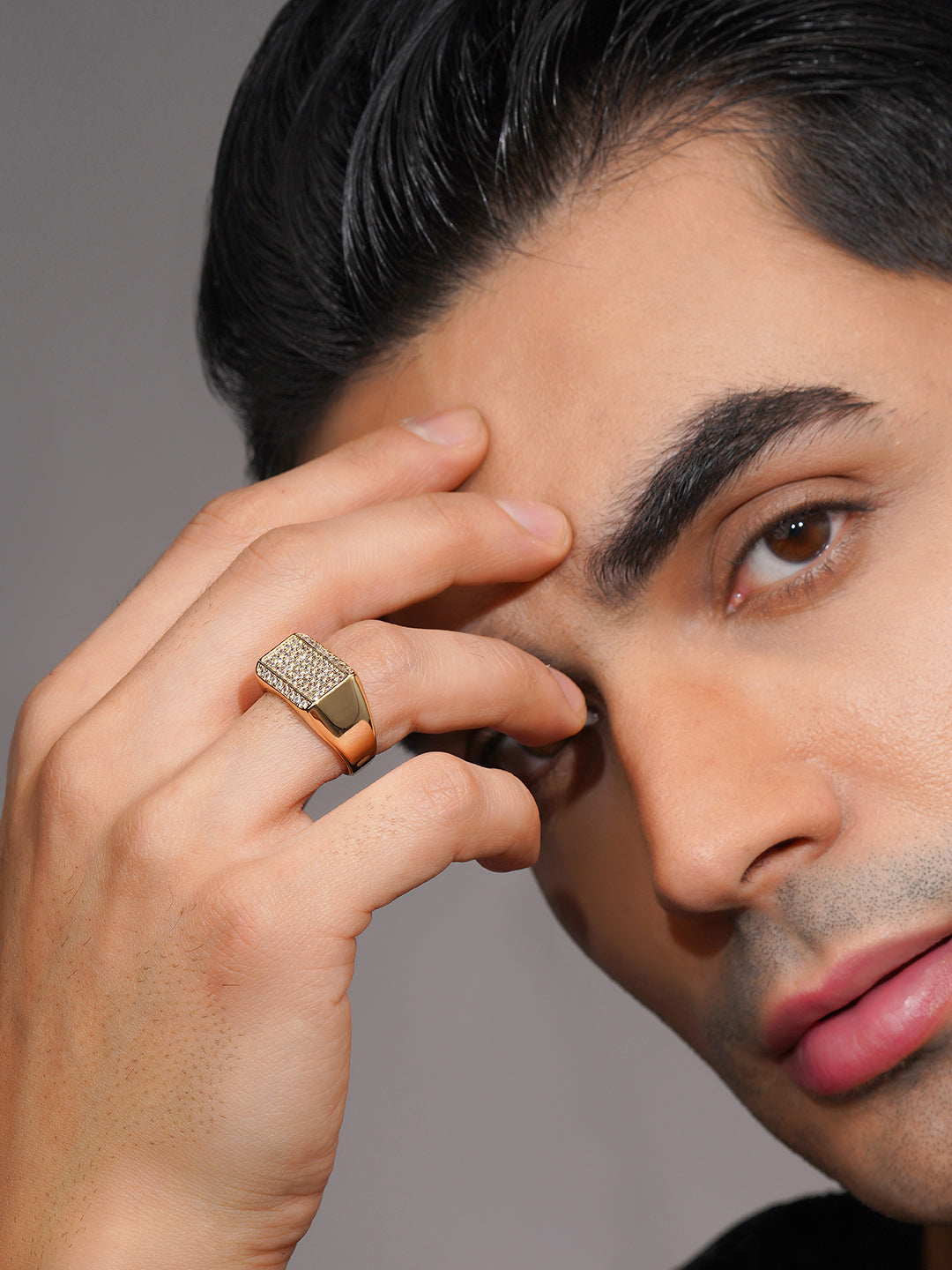 Aanura Gold-Plated Crystal Grid Ring For Men's