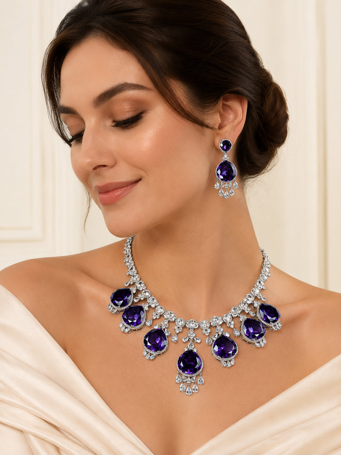 Aanura Royal Purple Crystal Drop Necklace Set Stainless