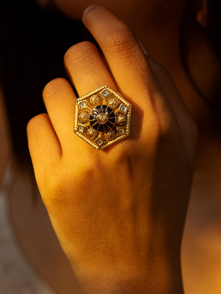 Aanura Gold-Plated Hexagon Green & Ruby Statement Ring