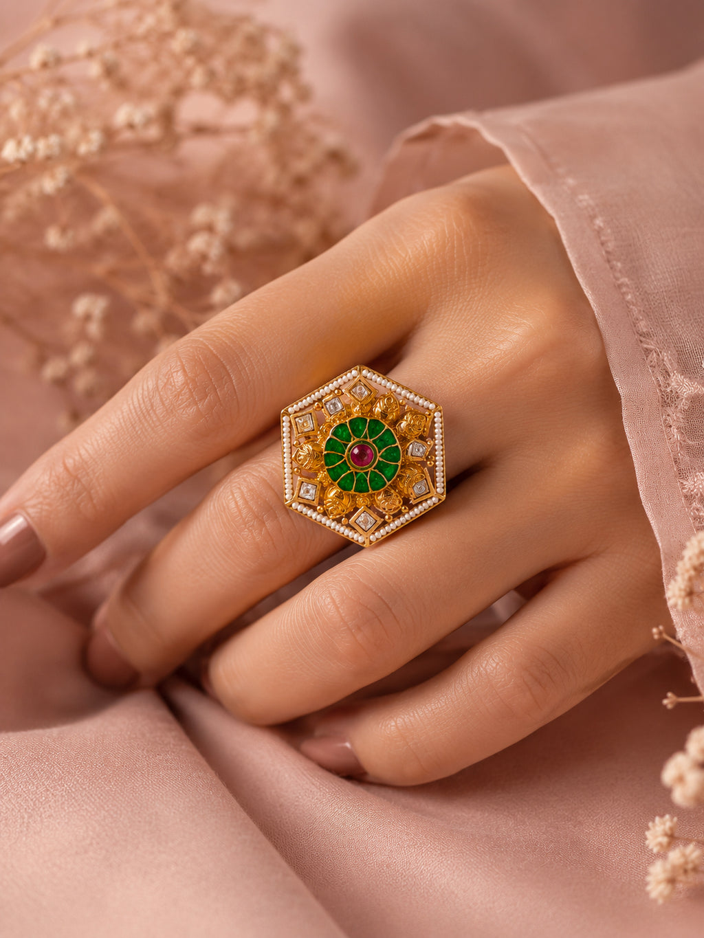 Aanura Gold-Plated Hexagon Green & Ruby Statement Ring