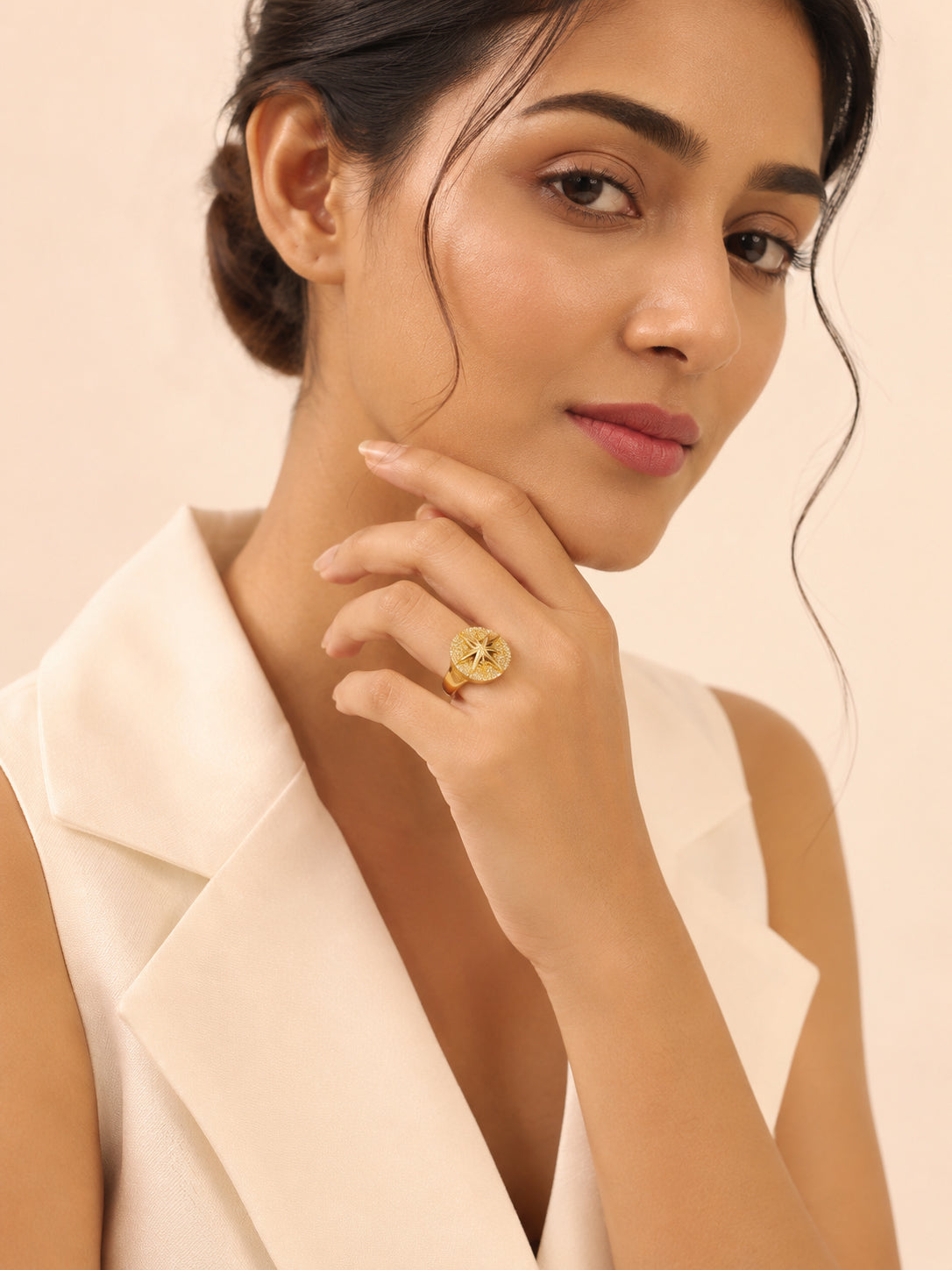 18K Gold Plated Golden Crystal Compass Ring
