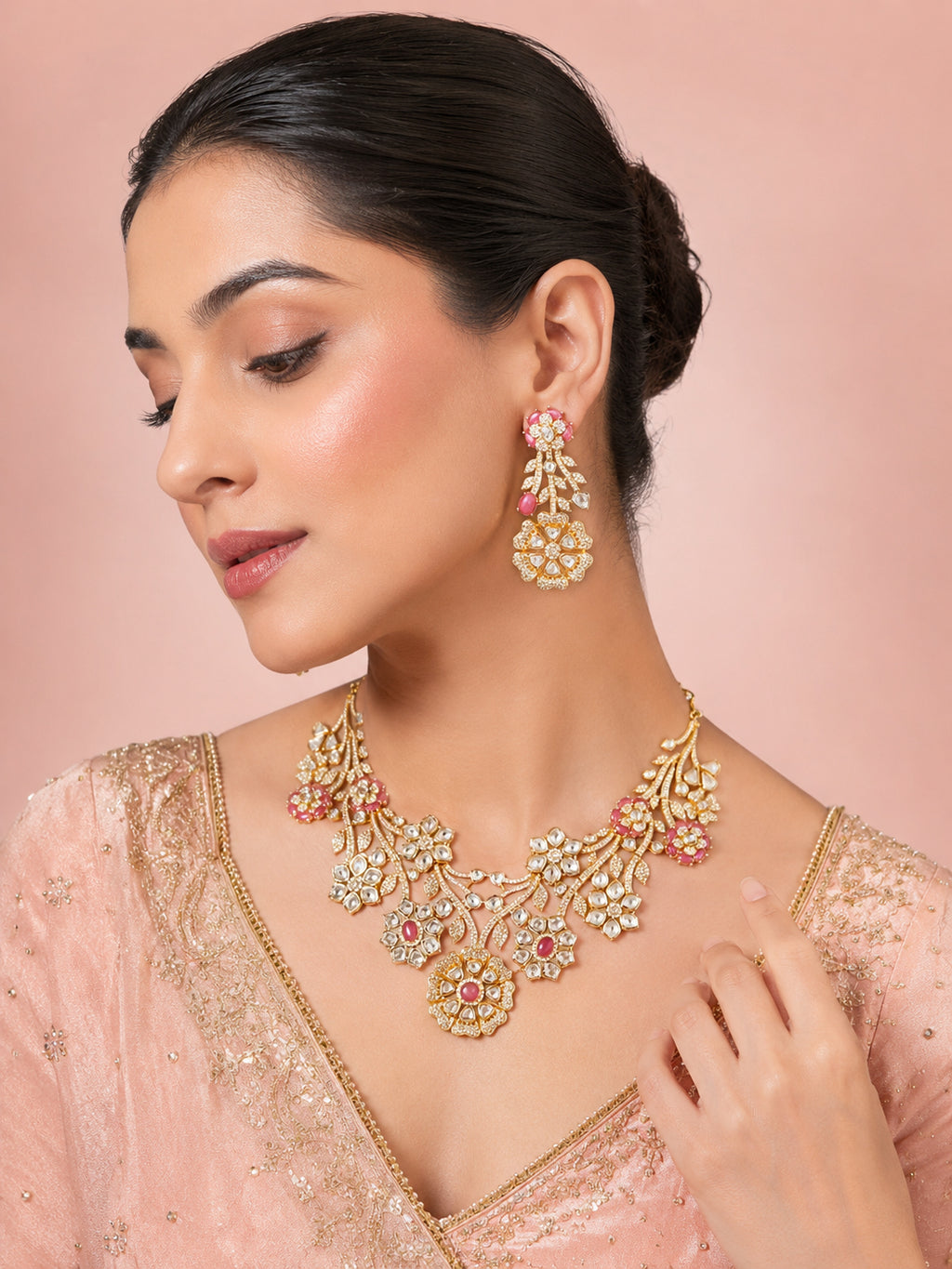 Aanura Floral Kundan Bridal Necklace Set with Earrings