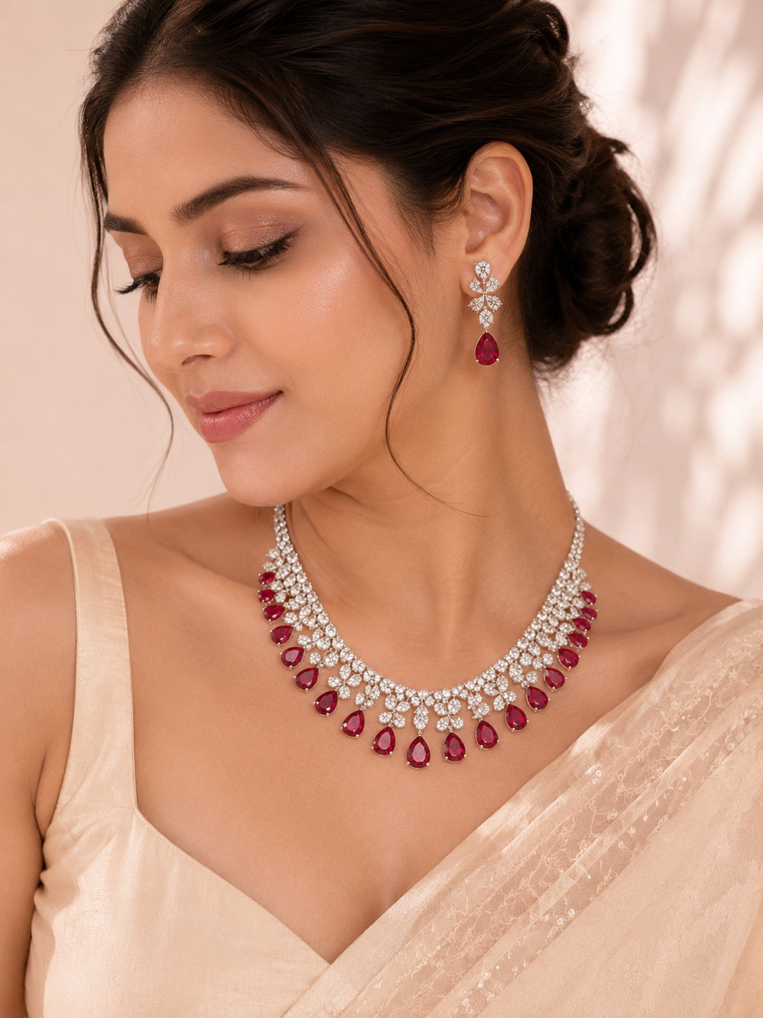 Aanura Ruby Teardrop Floral Necklace Set