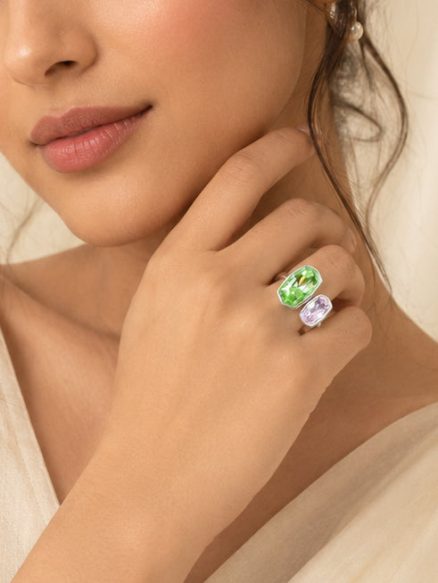 Rhodium Plated Green & Pink Double Crystal Open Ring