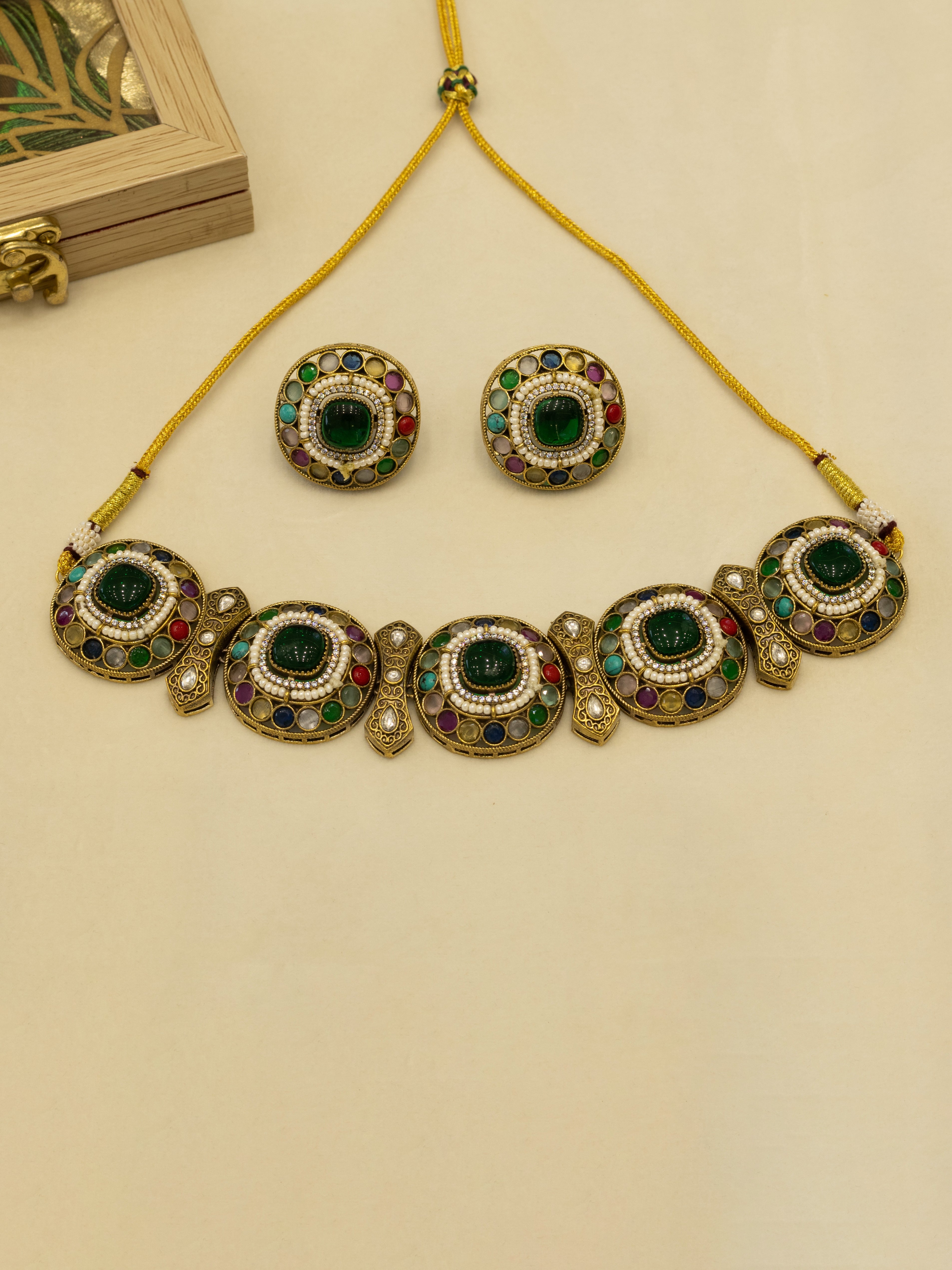 Aanura Navratna Choker Necklace with Green Center Stones