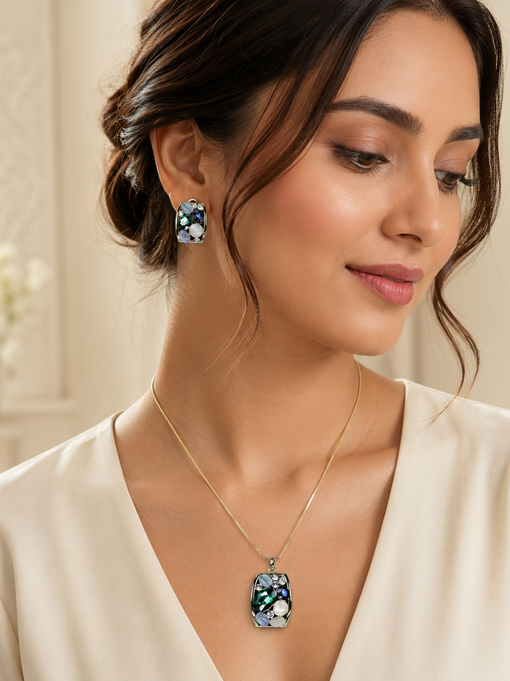 Aanura Pastel Green Peach Rectangular Necklace & Earrings