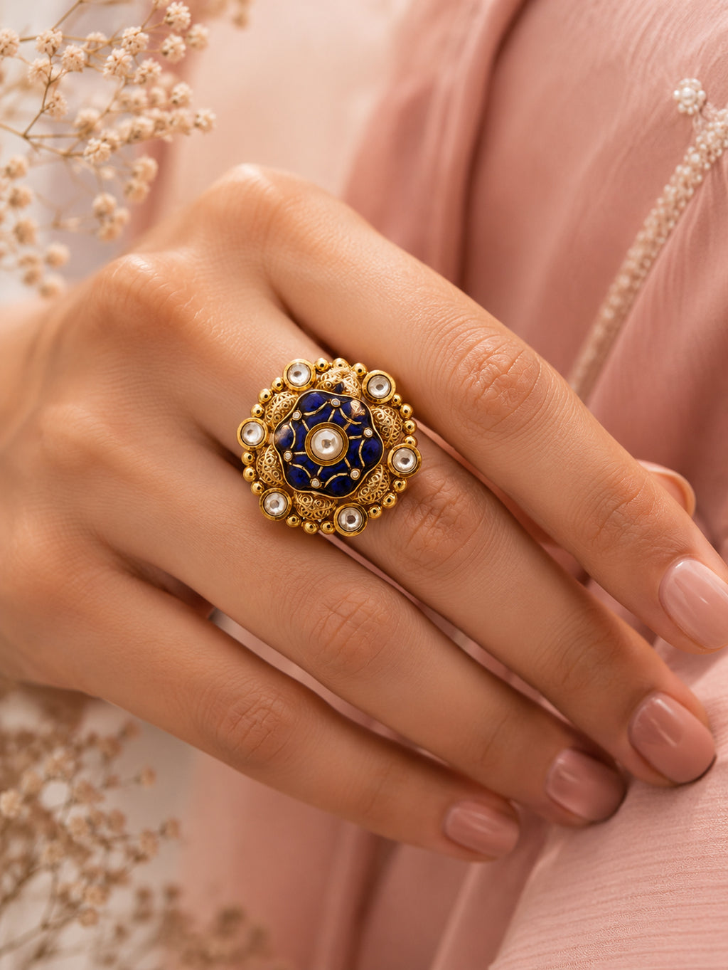 Aanura Gold-Plated Round Ruby & Green Floral Ring