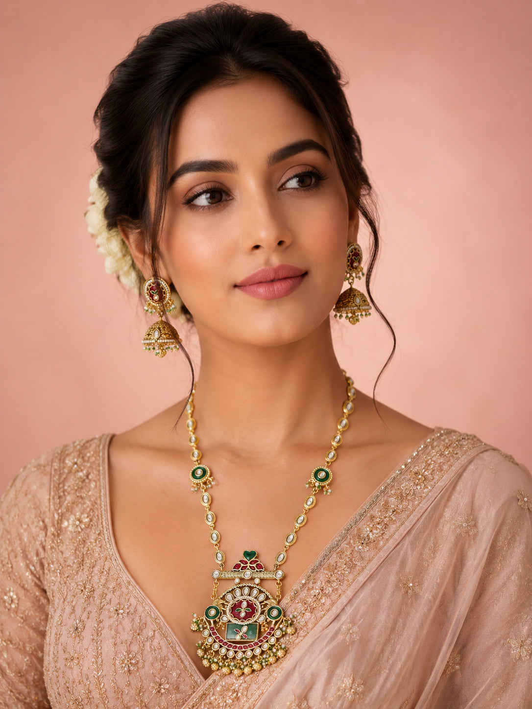 Aanura Long Temple Necklace Set with Green & Red Stones