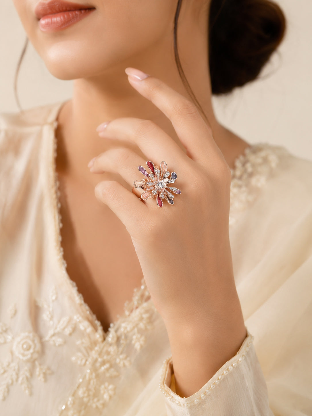 18K Gold Plated Floral Crystal Anti-Tarnish Waterproof Ring