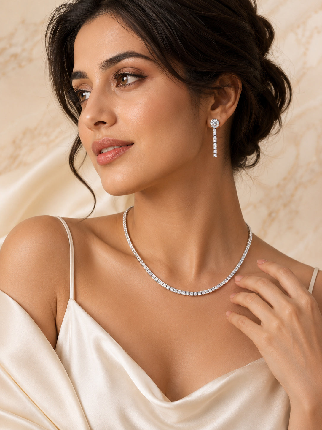 Aanura Diamond Tennis Necklace Set with Drop Earrings