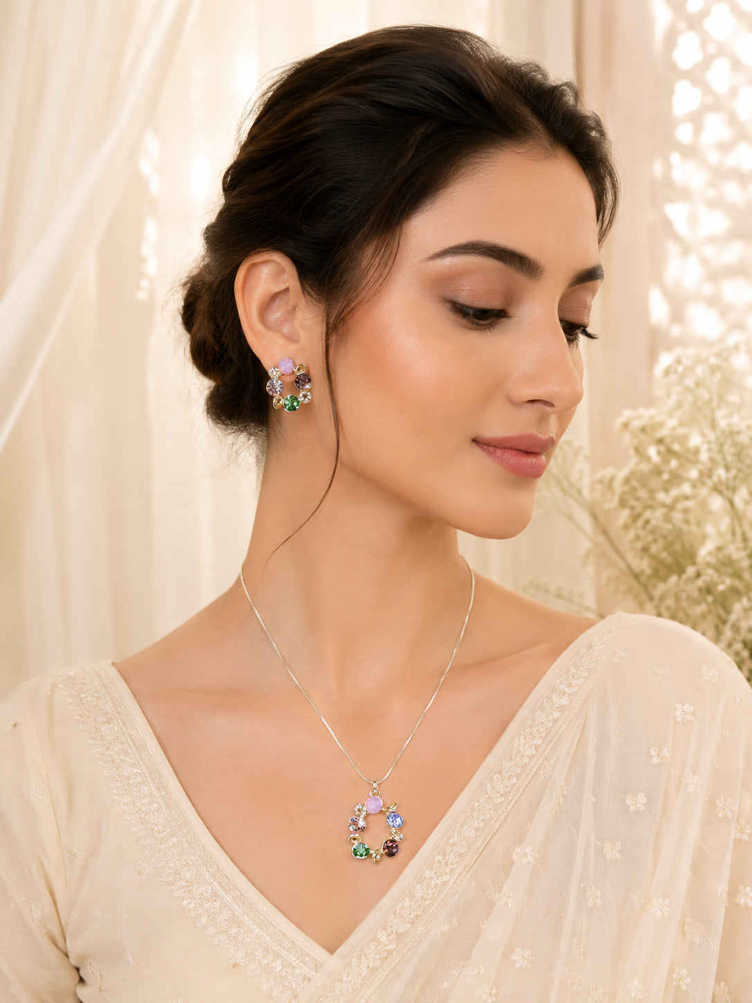 Golden Floral Wreath Necklace & Earrings Set