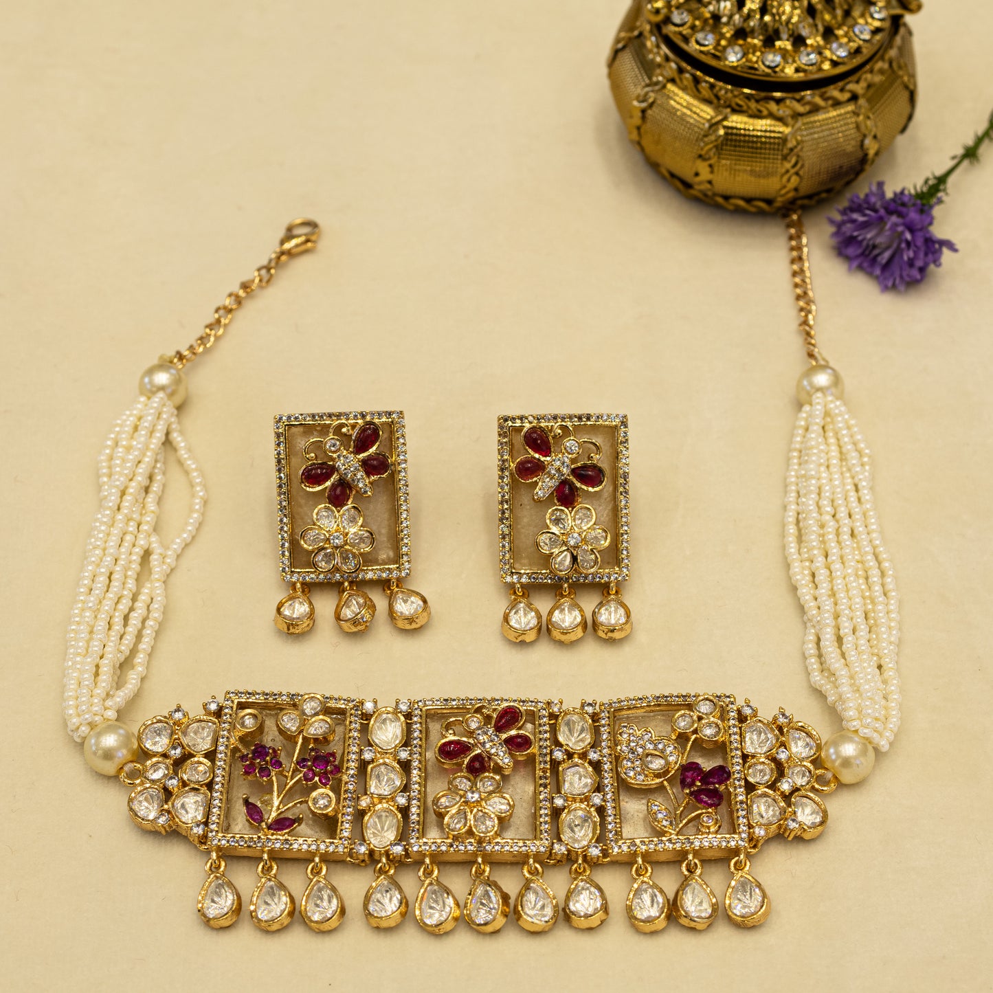 Aanura Floral Panel Choker Necklace Set