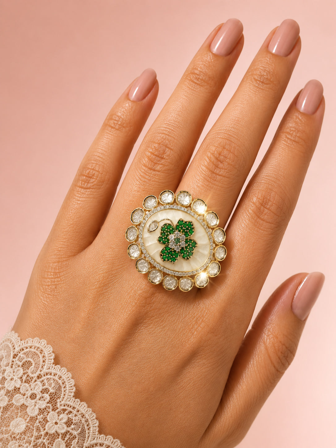Aanura Gold-Plated Floral Oval Ring with Stones