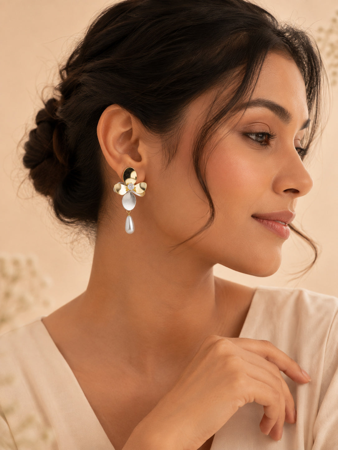 Aanura Pearl Drop Floral Gold Earrings