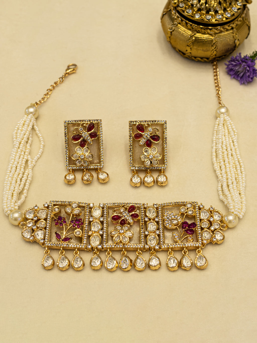 Aanura Floral Panel Choker Necklace Set