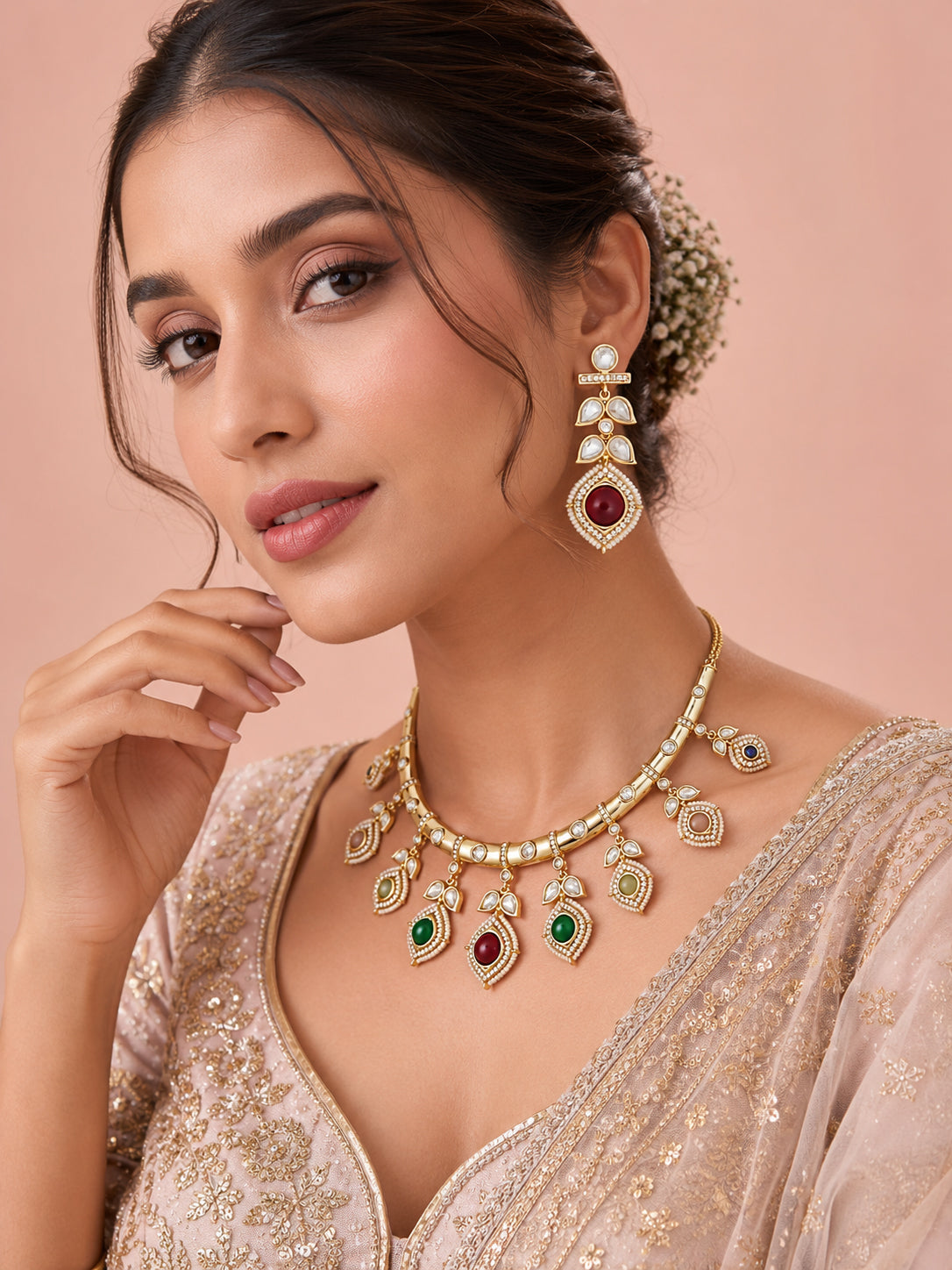 Aanura Peacock Green Kundan Necklace & Earrings Set