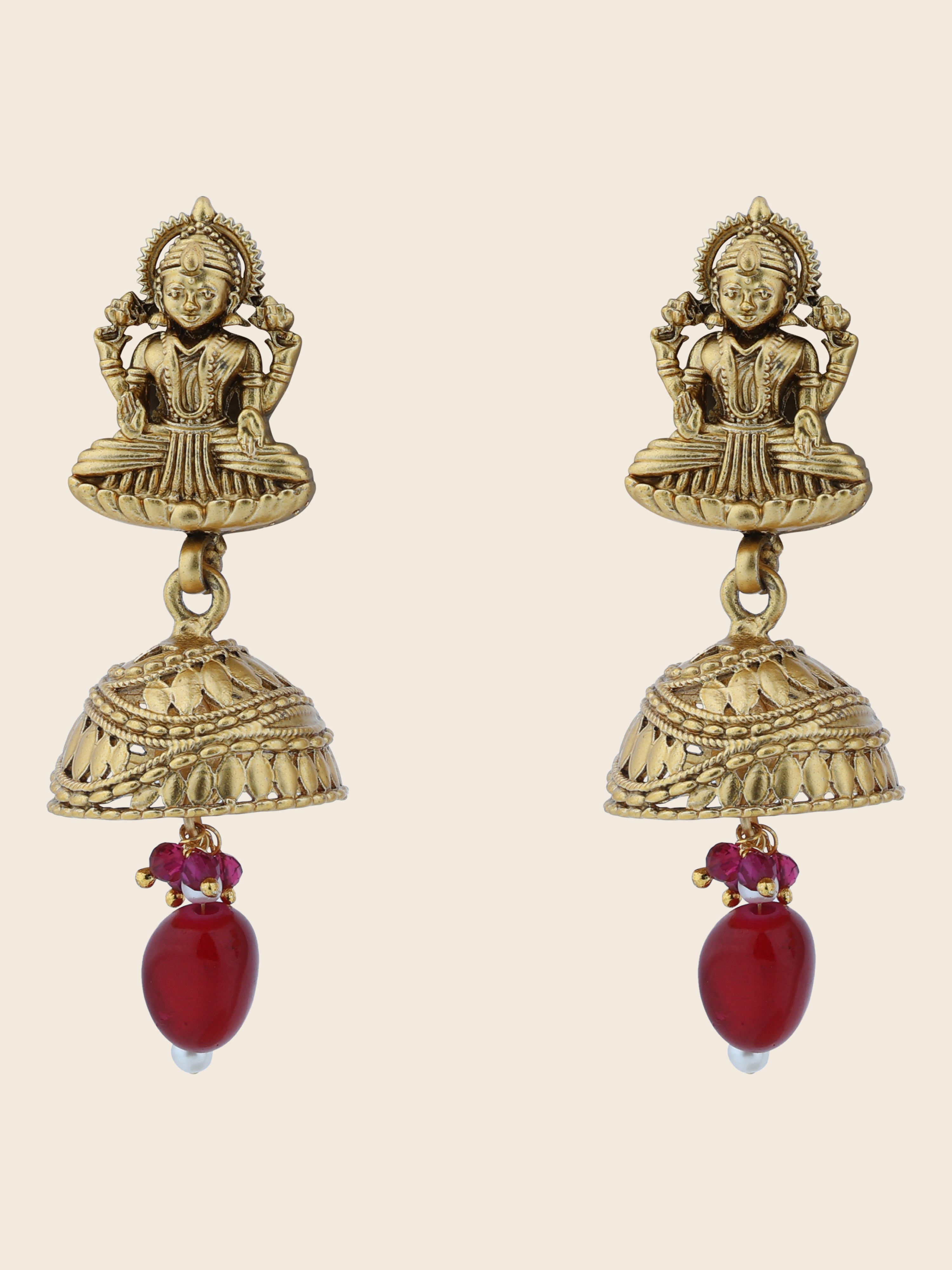 Aanura Temple Earrings with Red Stone Drop