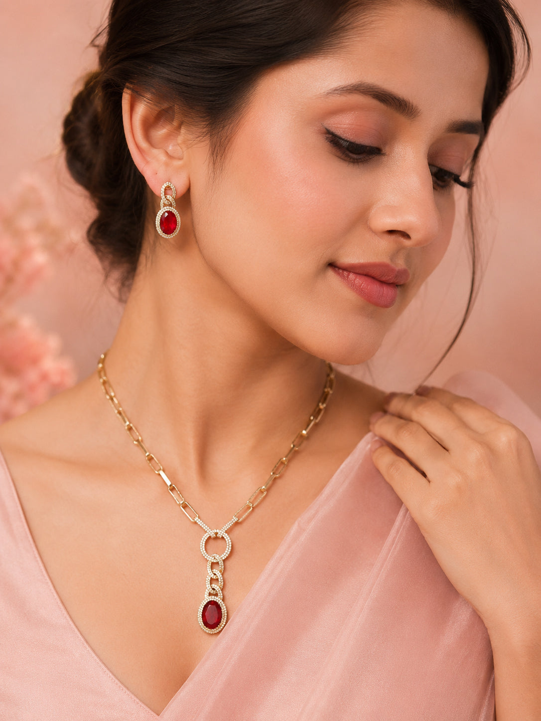 Aanura Red Stone Chain-Link Necklace with Earrings