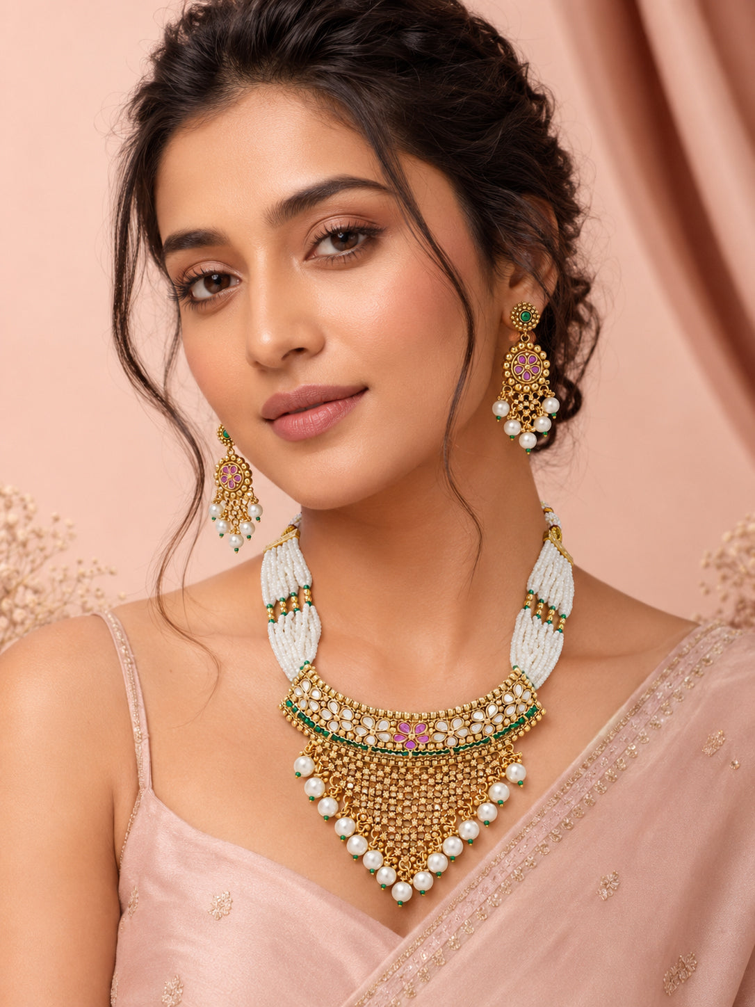 Aanura Pearl Bridal Choker Necklace with Ruby Motifs