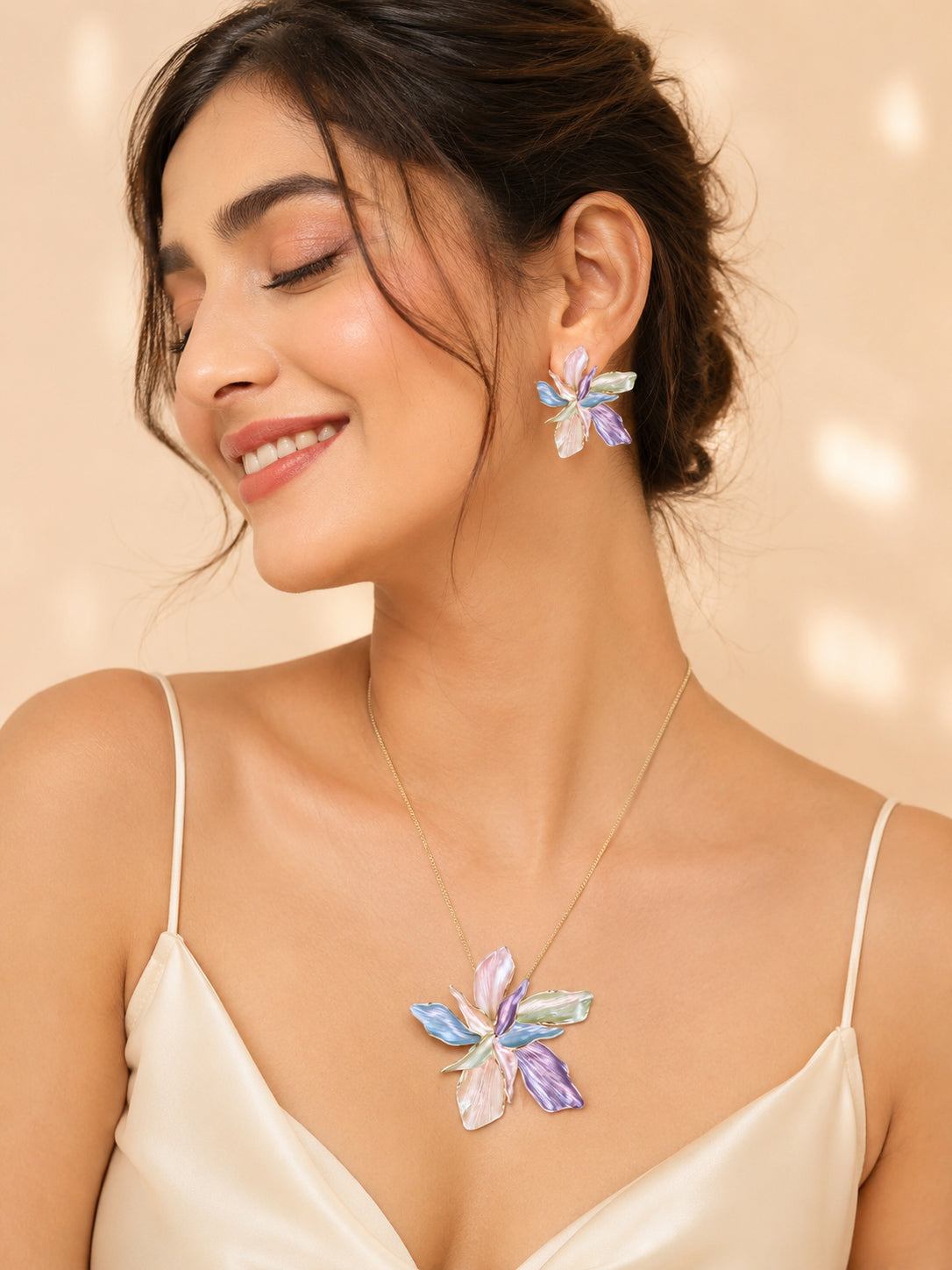 Aanura Pink Orchid Flower Necklace & Earrings