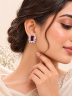 Aanura Emerald-Cut Green CZ Halo Statement Stud Earrings