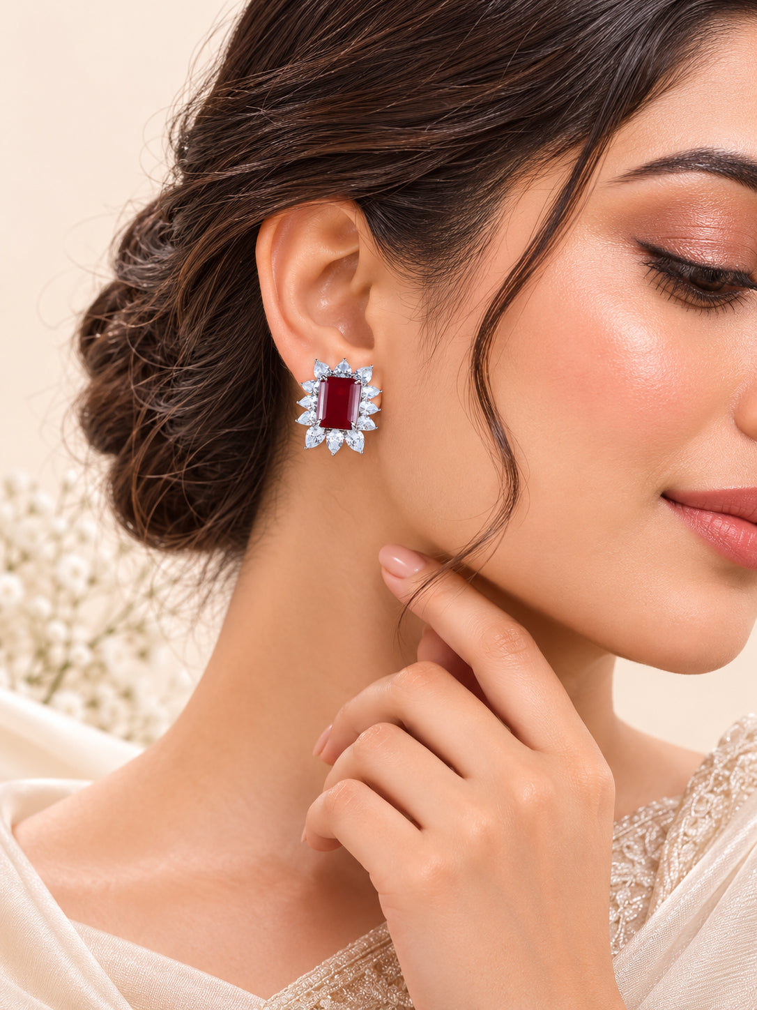 Aanura Emerald-Cut Green CZ Halo Statement Stud Earrings