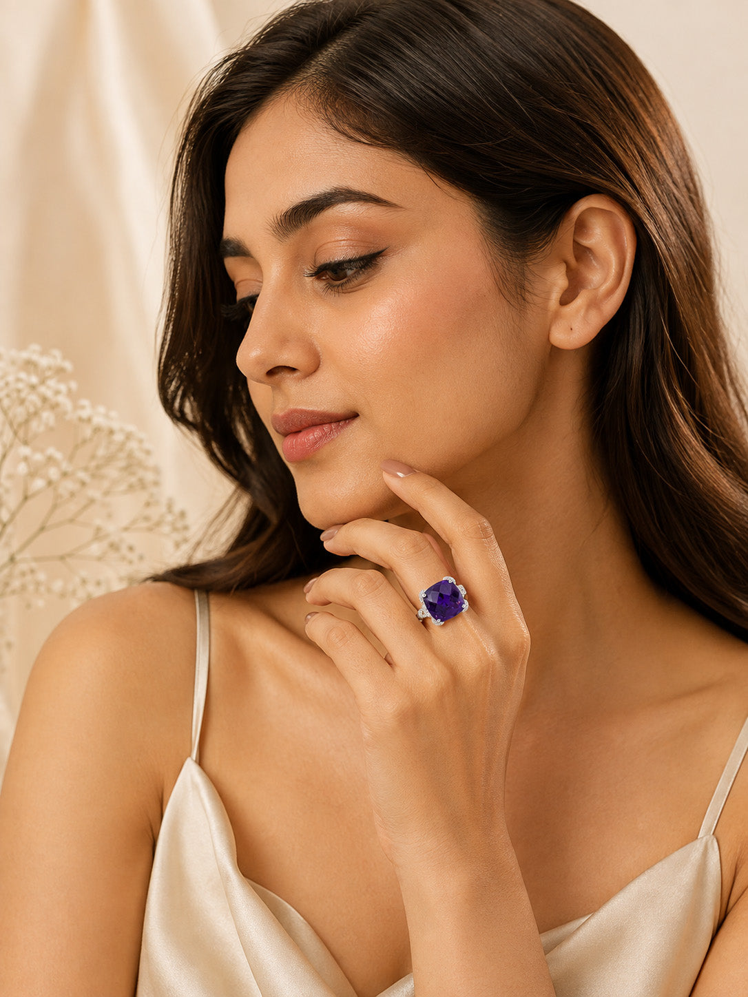 Rhodium Plated Purple Pavé Anti-Tarnish Waterproof Ring