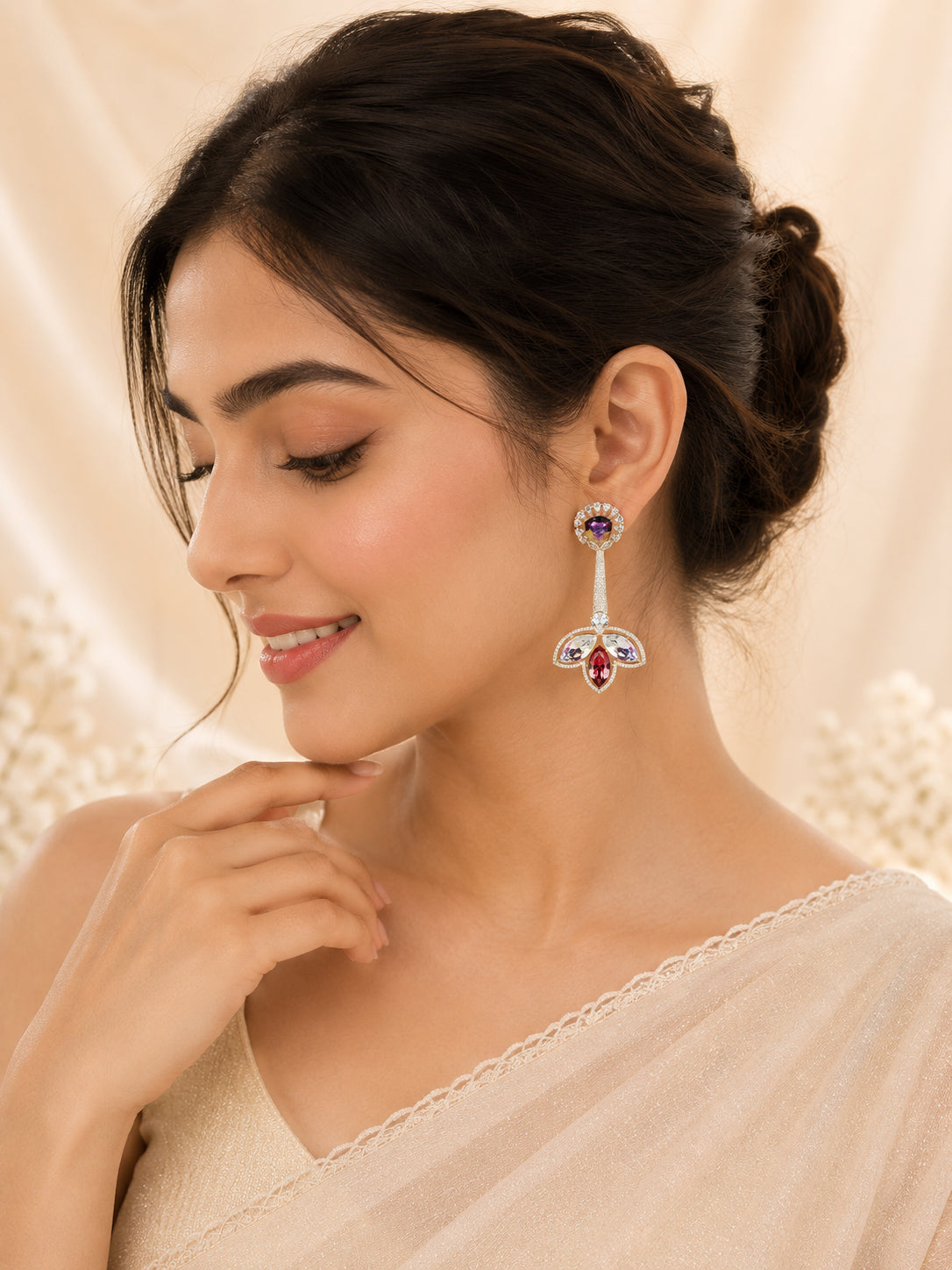 Aanura Iridescent & CZ Floral Dangle Earrings