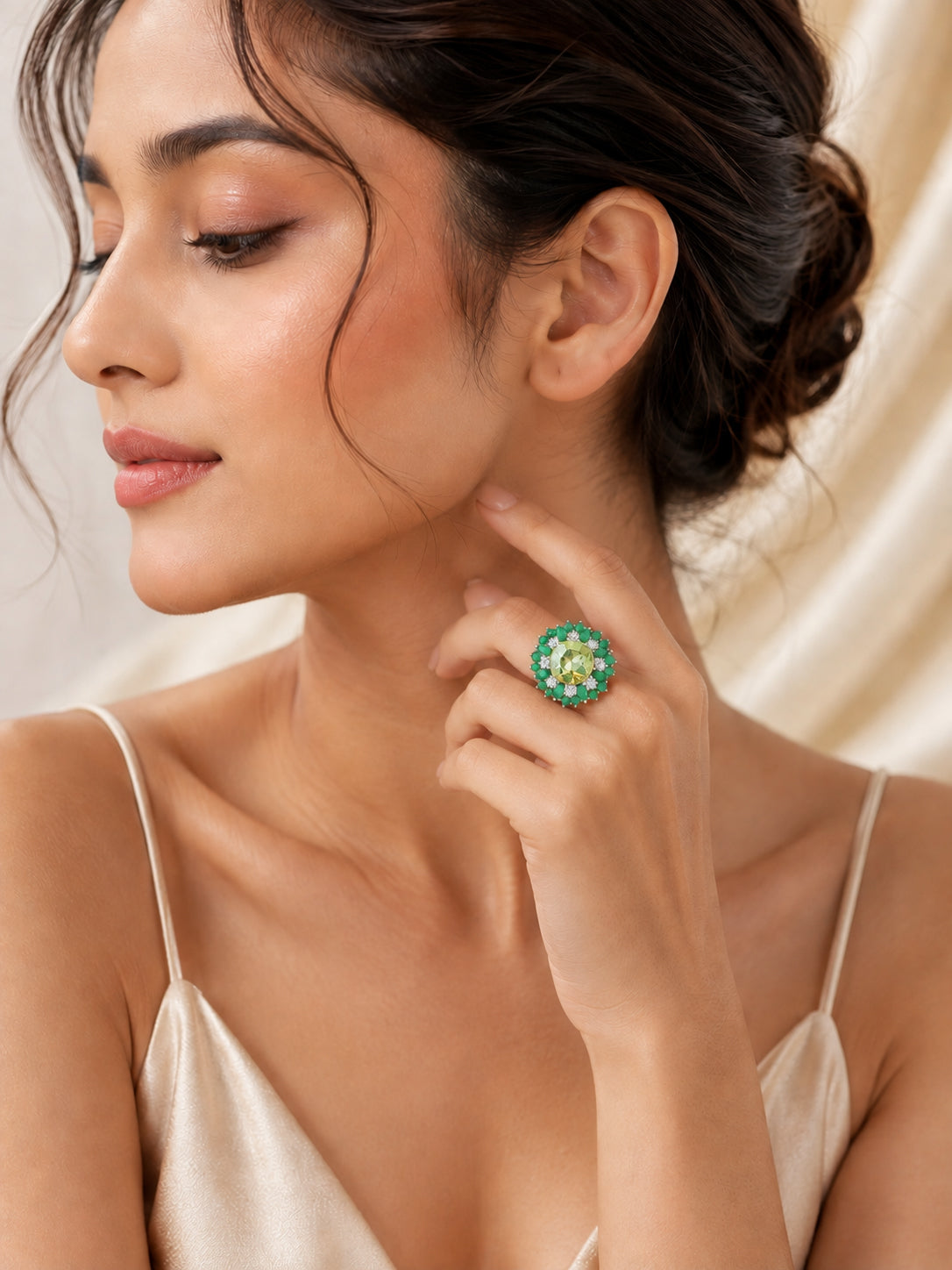 Rhodium Plated Emerald Cluster Anti-Tarnish Waterproof Ring