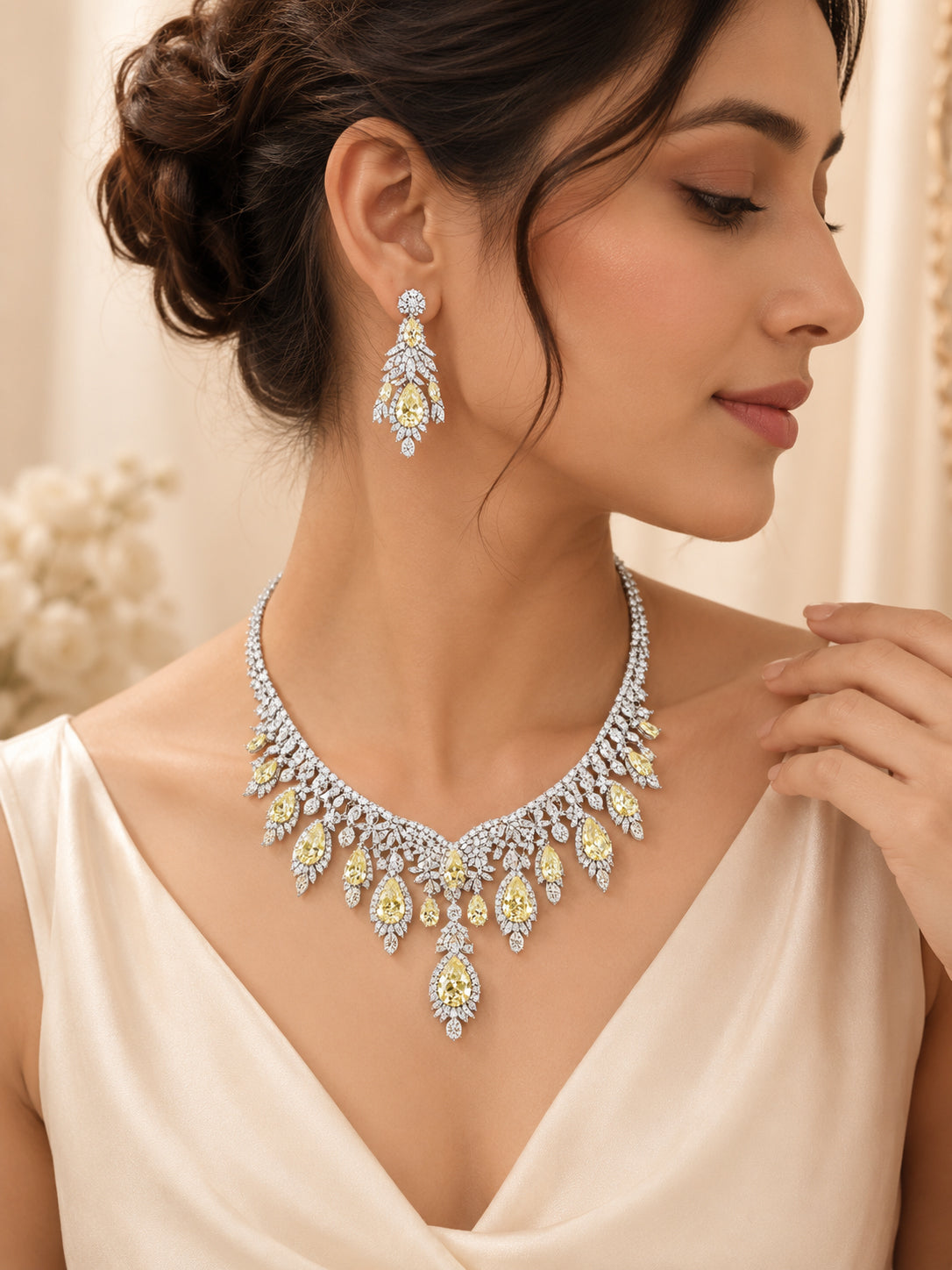 Aanura Yellow Teardrop Floral Necklace Set Stainless Steel