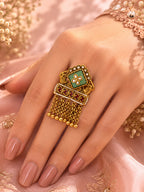 Aanura Gold-Plated Green Kundan Tassel Ring