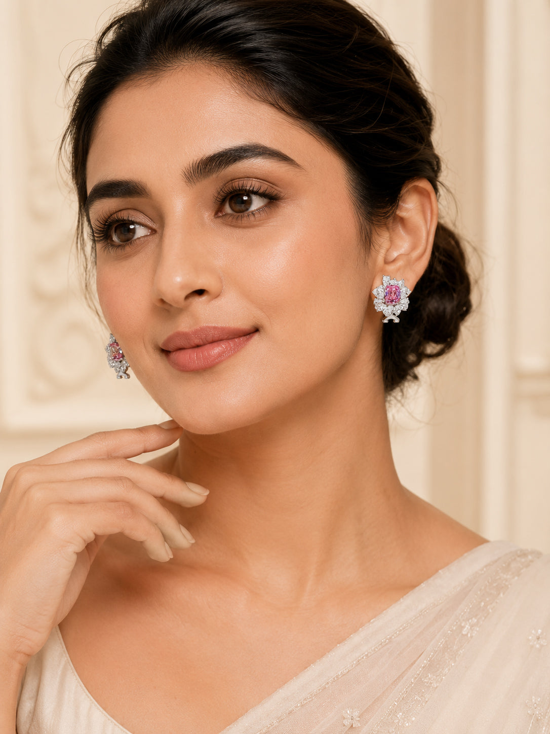 Aanura Red Gemstone Floral Halo Stud Earrings