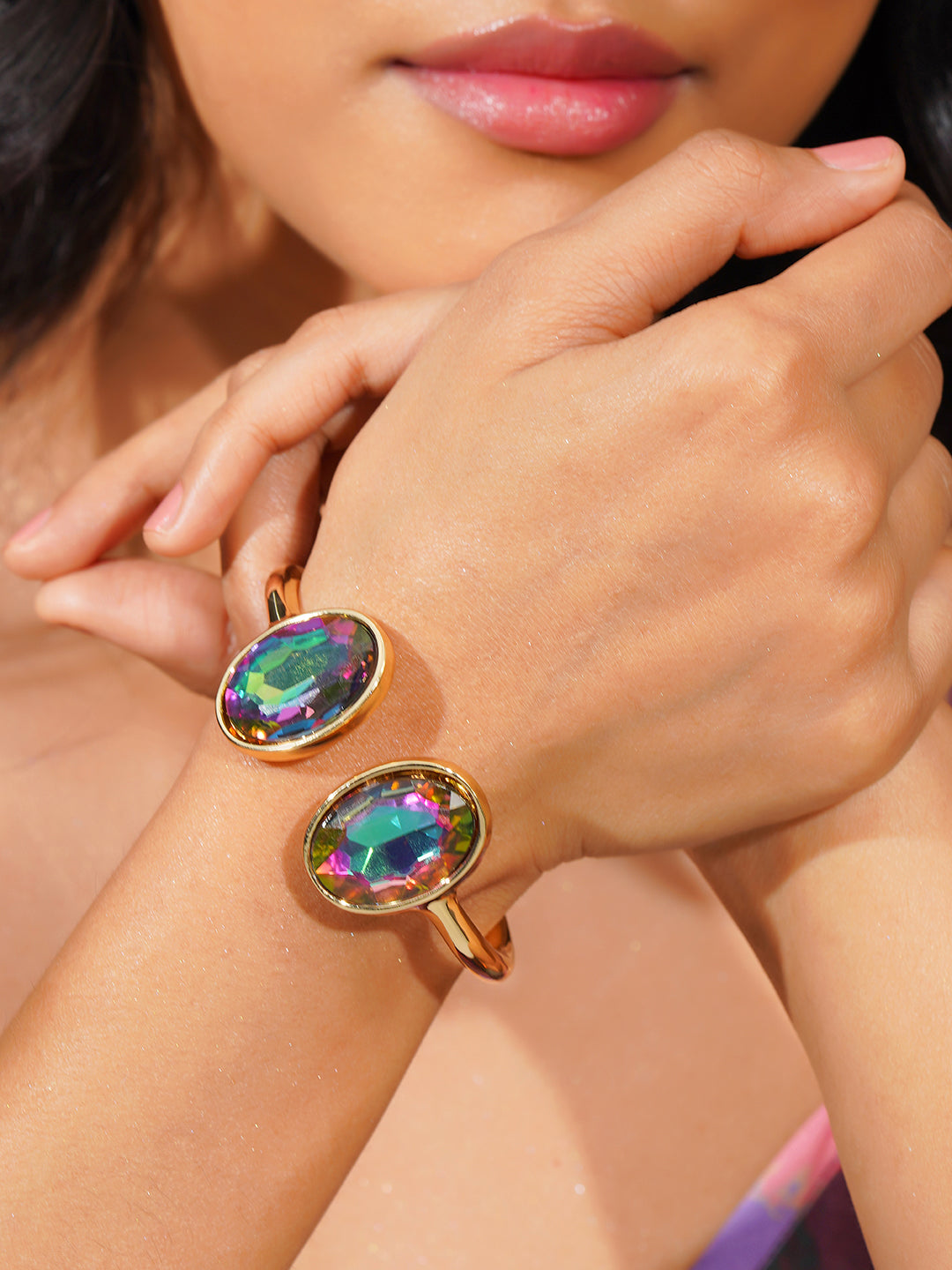 Aanura Gold Stainless Steel Dual-Stone Bangle Bracelet