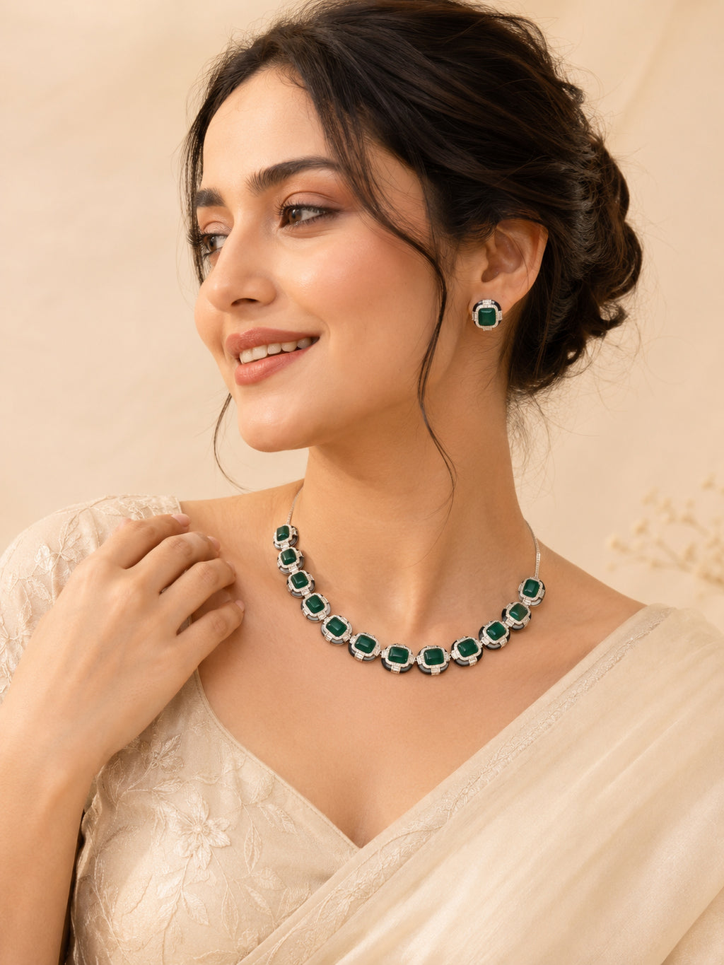 Aanura Purple Emerald-Cut Crystal Necklace Set Stainless