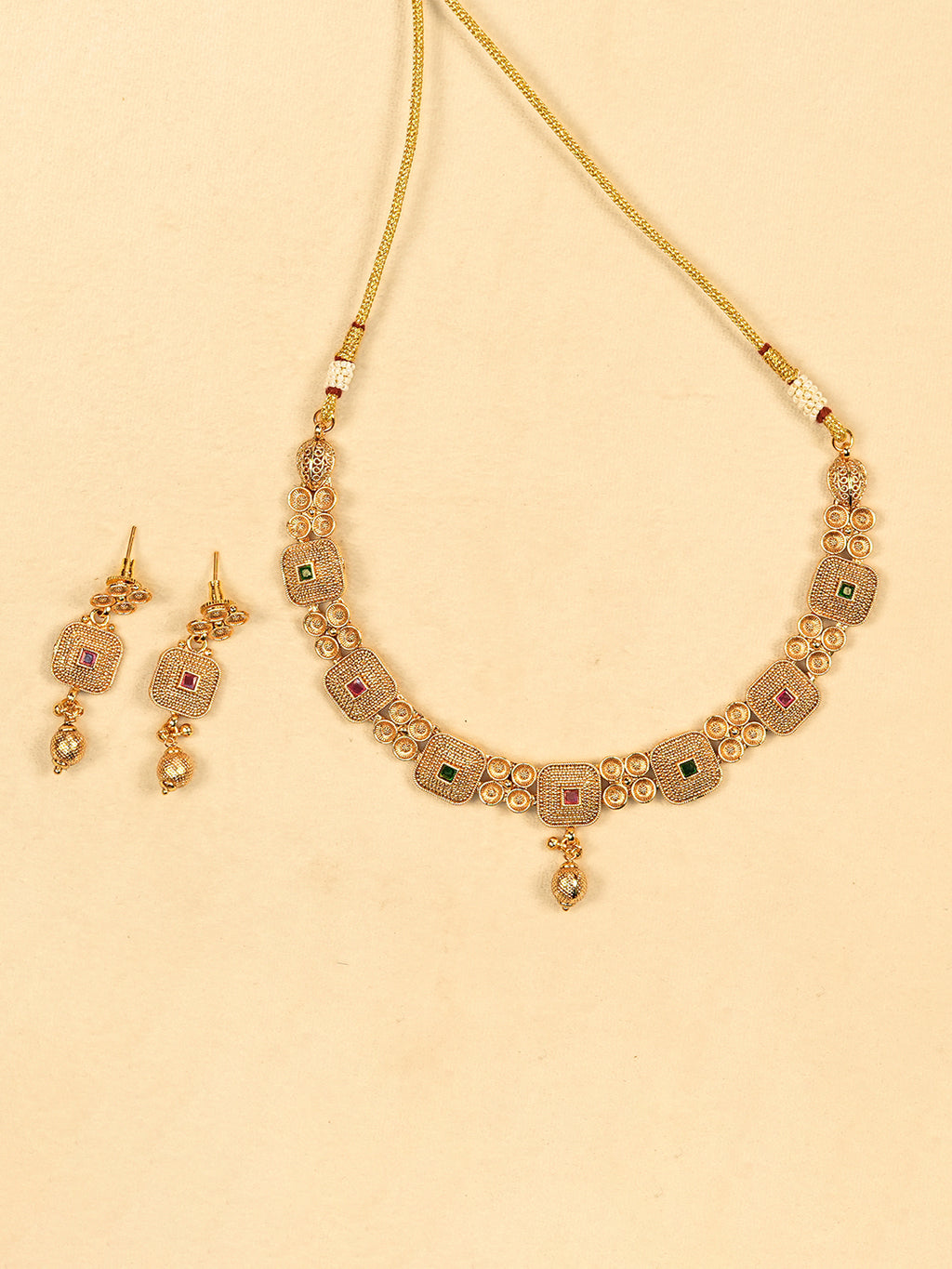 Aanura Gold Plated Ruby Grid Necklace Set