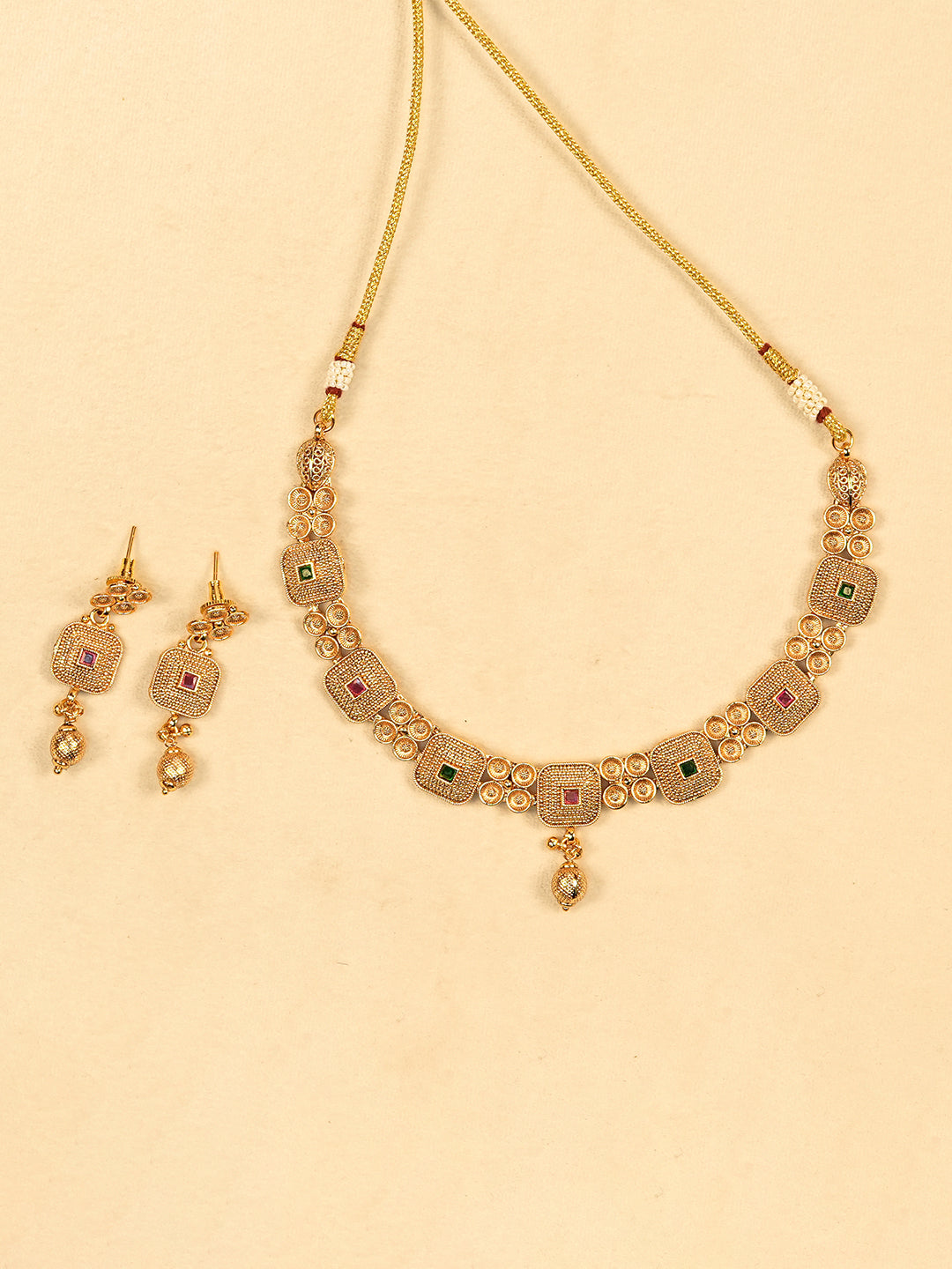 Aanura Gold Plated Ruby Grid Necklace Set