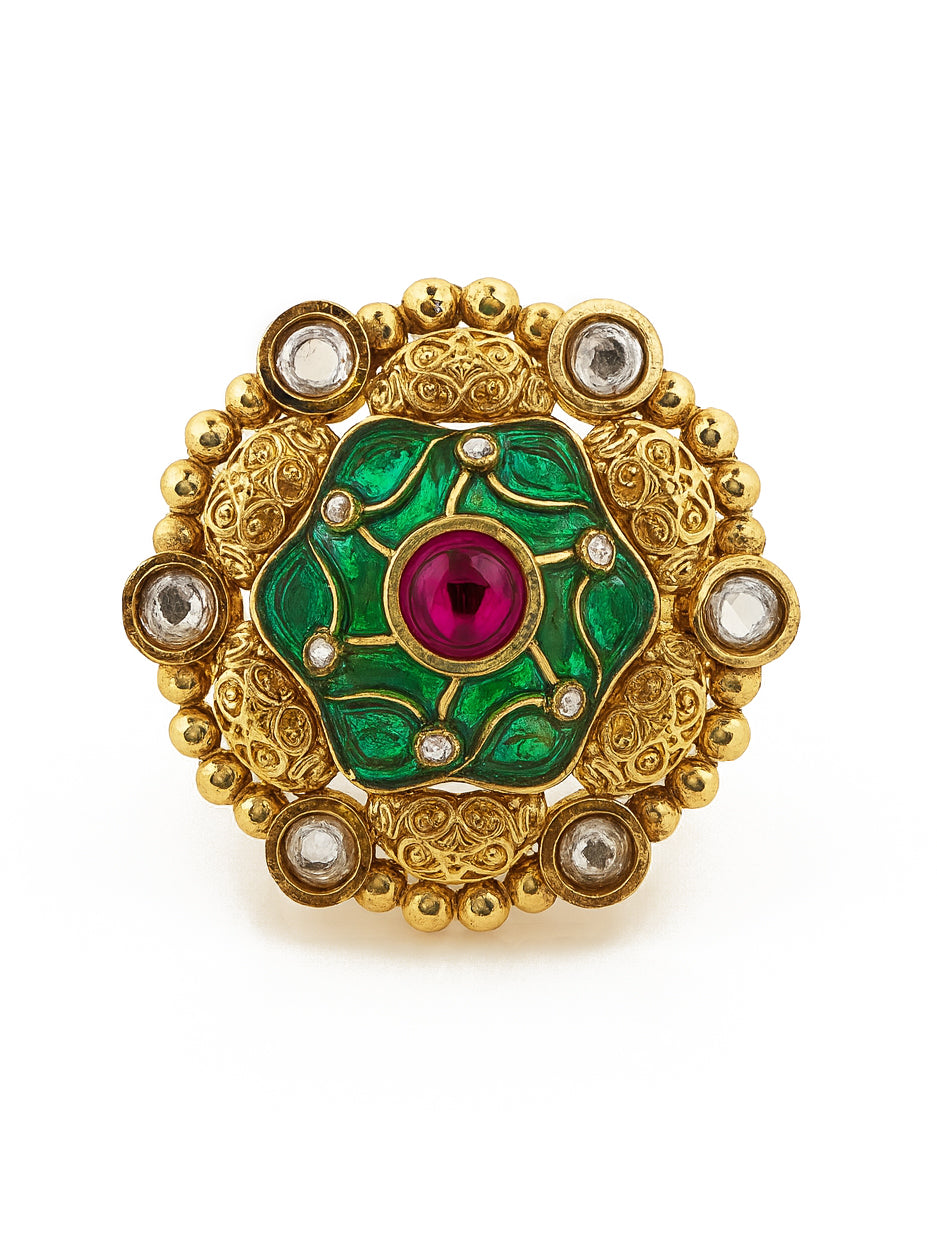 Aanura Gold-Plated Round Ruby & Green Floral Ring