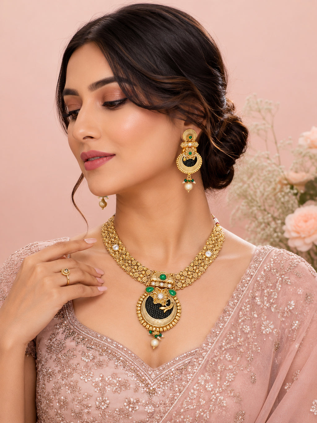 Aanura Temple Style Gold Necklace Set with Earrings