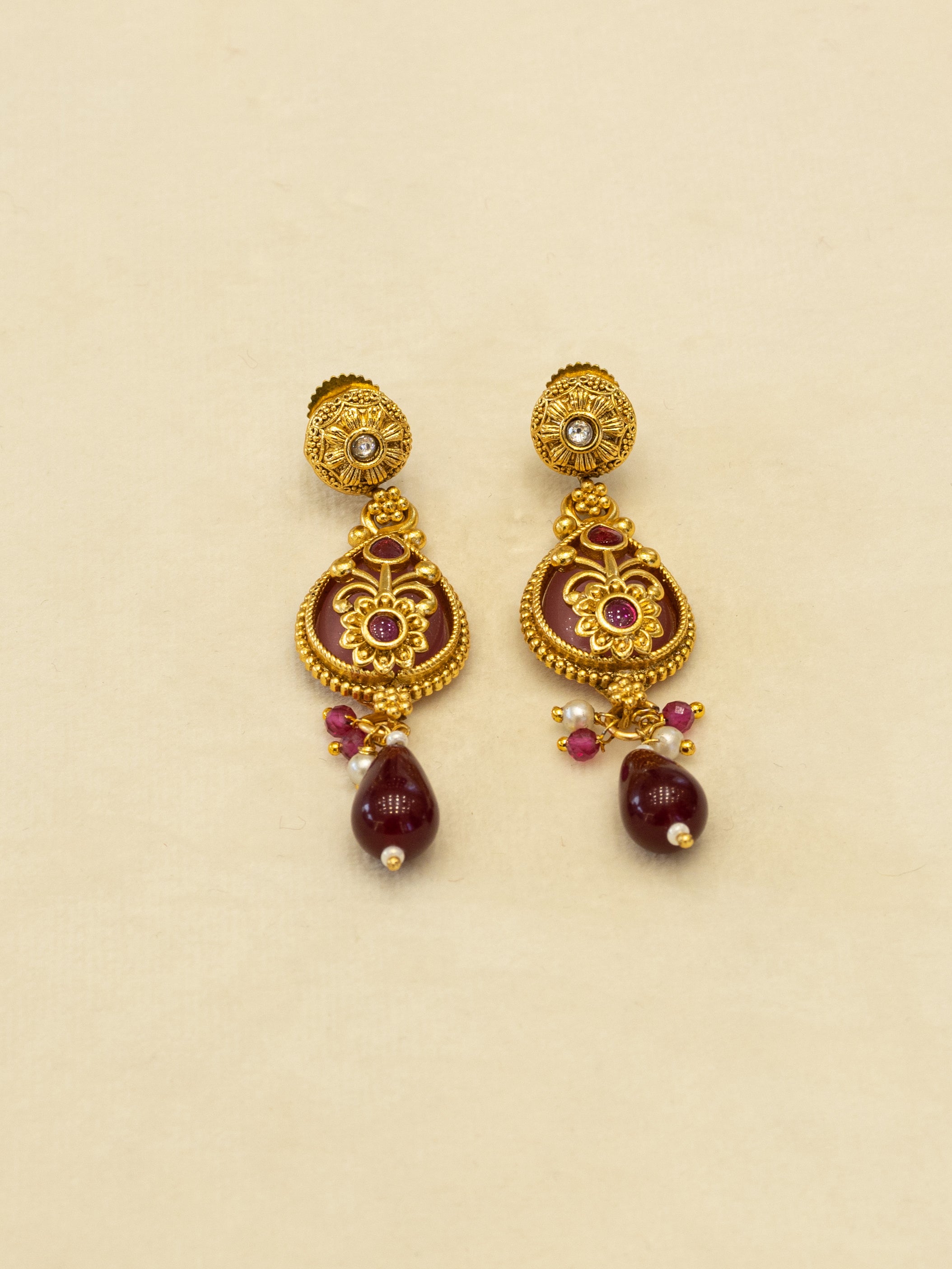 Aanura Layered Gold Necklace Set with Pearl Drop Earrings