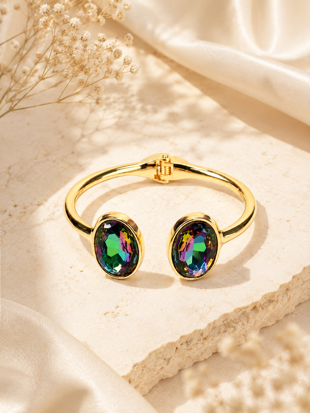 Aanura Gold Stainless Steel Dual-Stone Bangle Bracelet