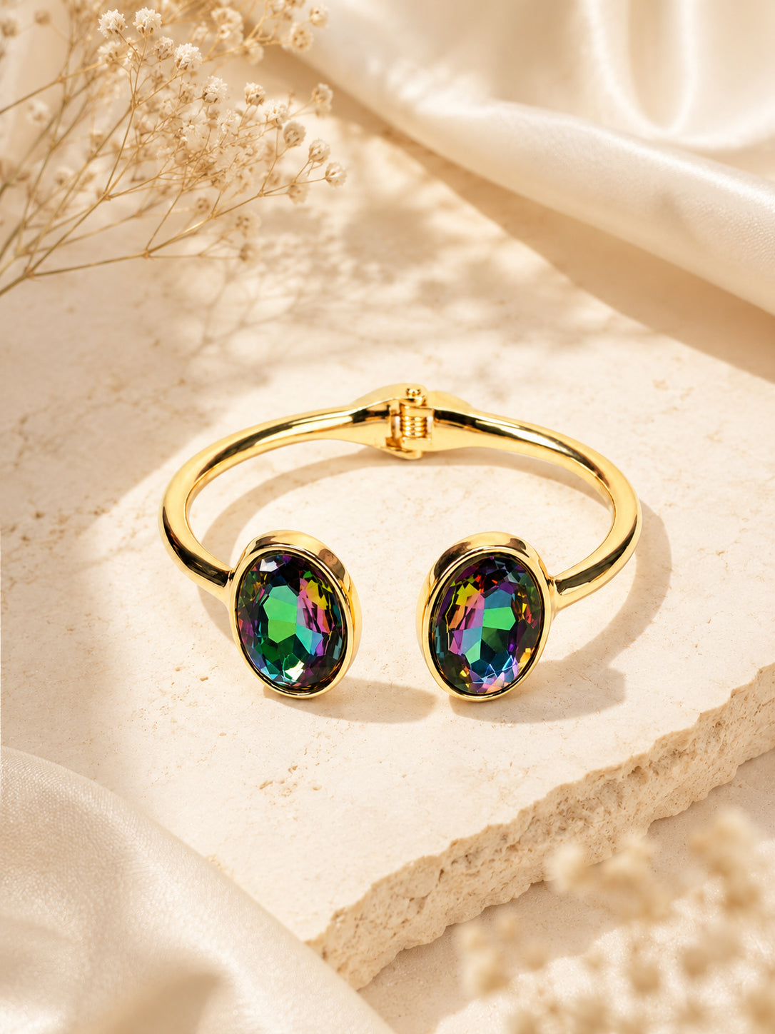 Aanura Gold Stainless Steel Dual-Stone Bangle Bracelet