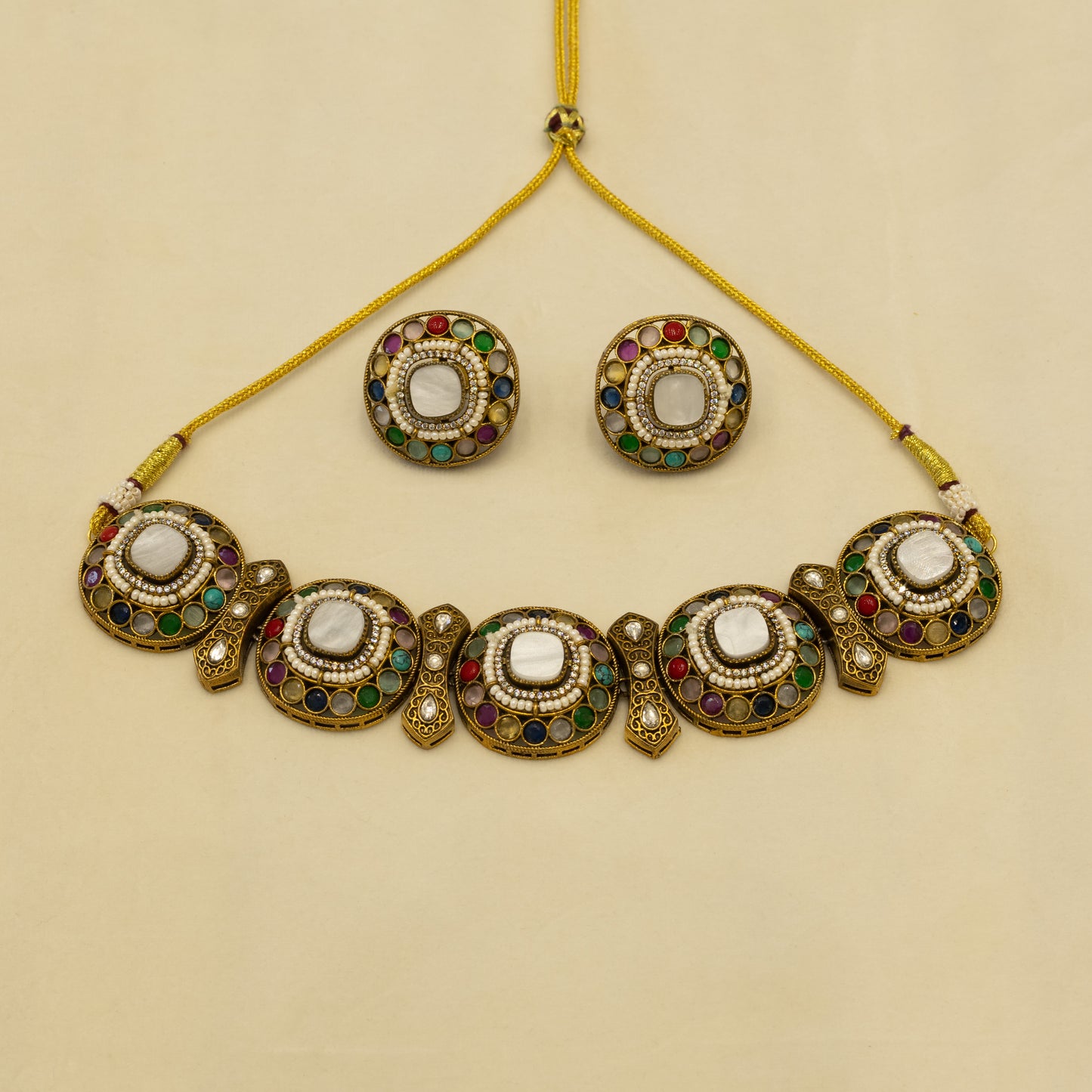 Aanura Navratna Choker Necklace with Green Center Stones