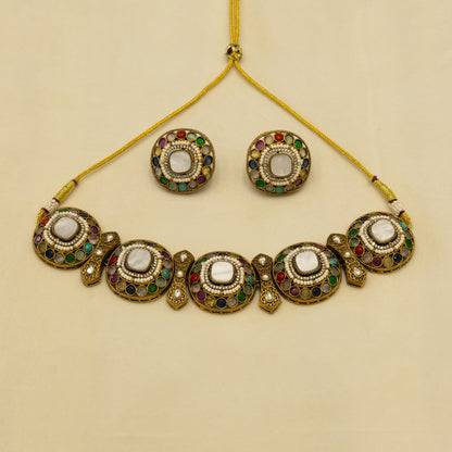 Aanura Navratna Choker Necklace with Green Center Stones