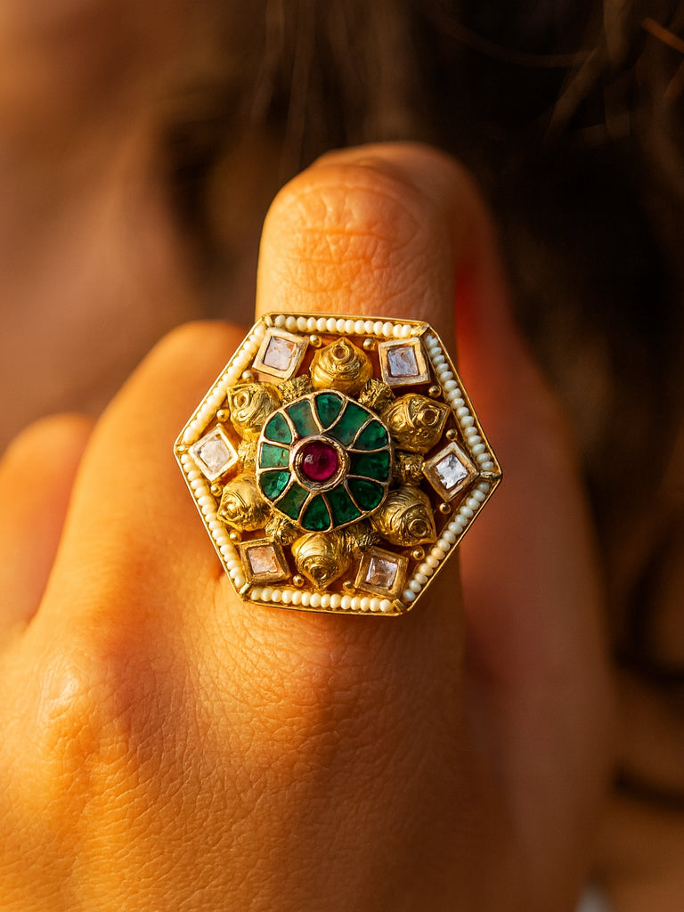 Aanura Gold-Plated Hexagon Green & Ruby Statement Ring