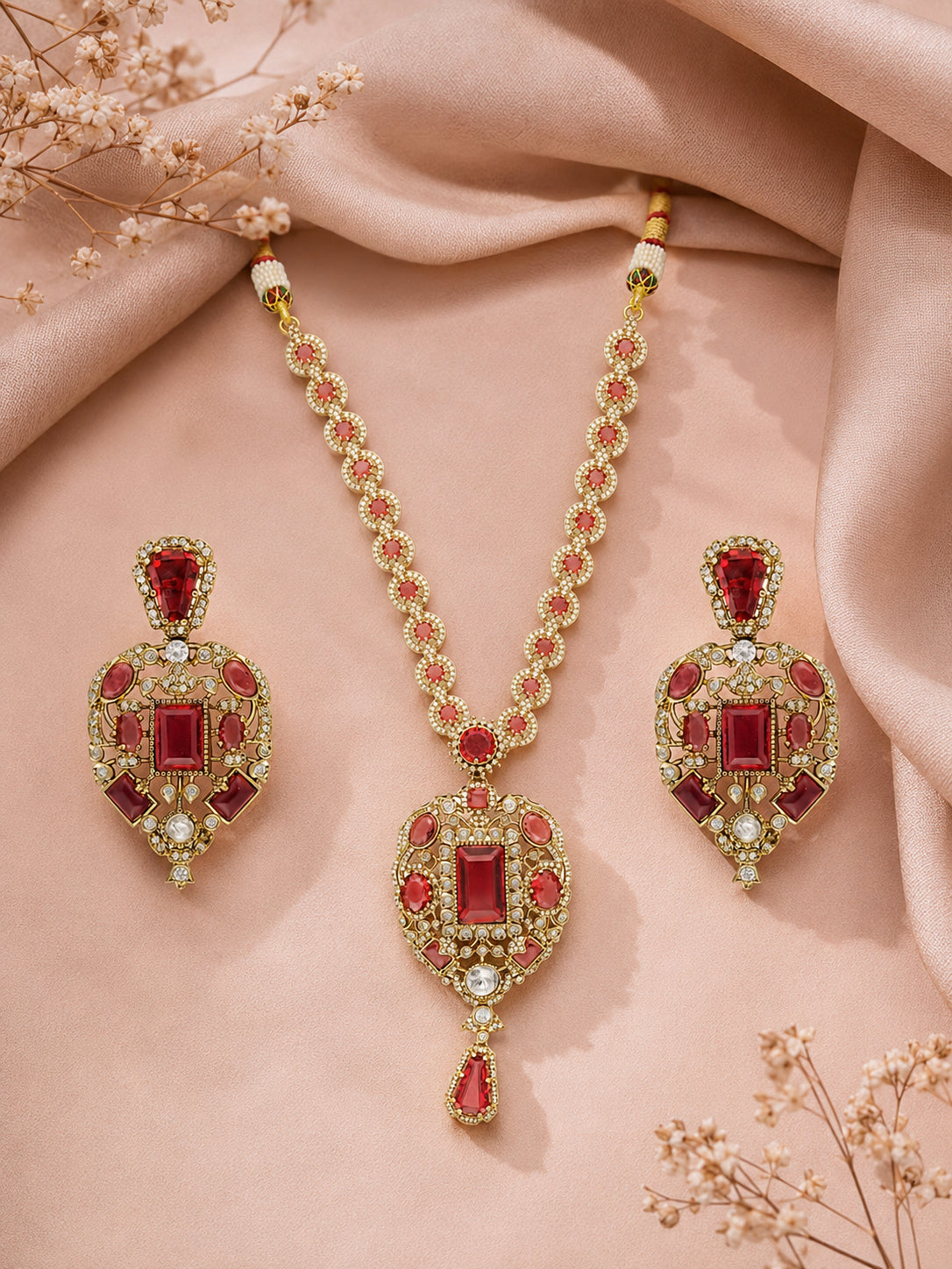 Aanura Red Stone Antique Kundan Necklace & Earrings