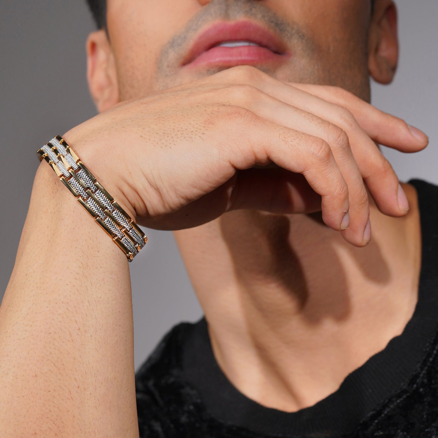 Aanura Gold Stainless Steel Textured Bracelet For Men