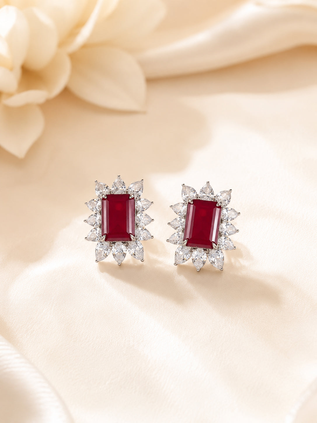 Aanura Emerald-Cut Green CZ Halo Statement Stud Earrings