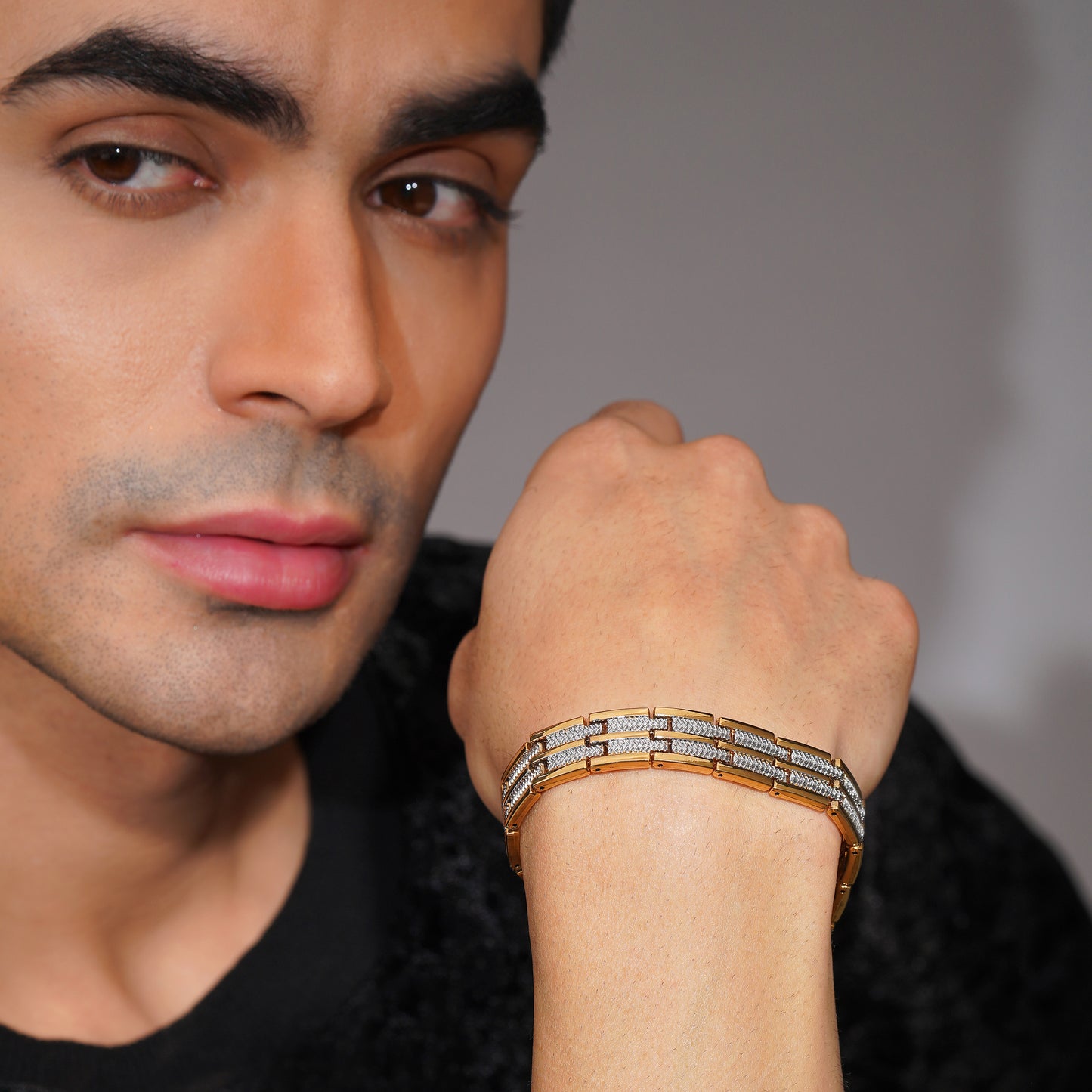 Aanura Gold Stainless Steel Textured Bracelet For Men