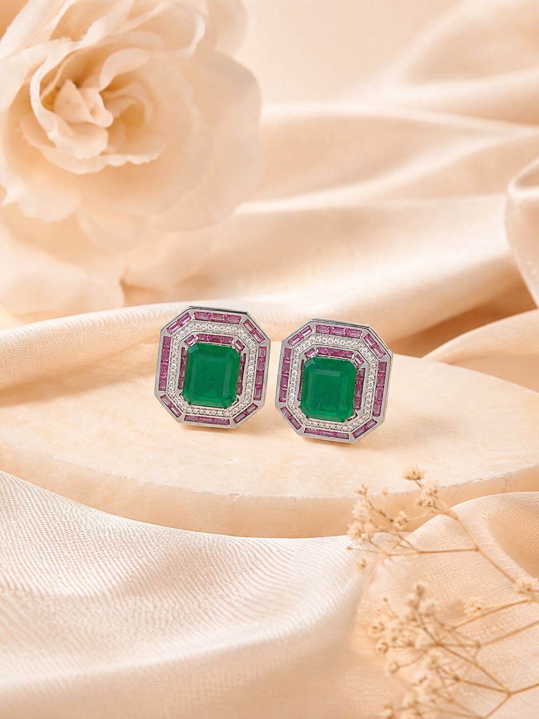 Aanura Ruby & Emerald Octagon Stud Earrings